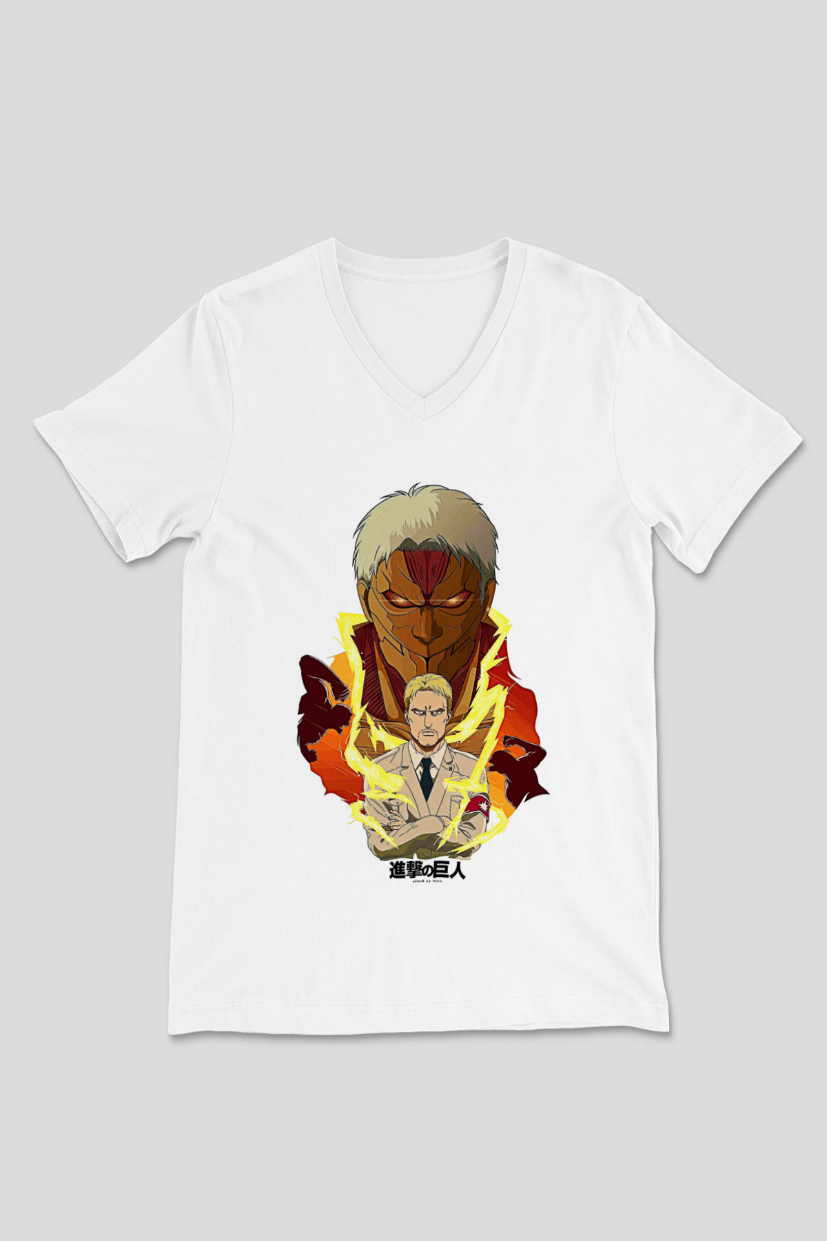 Attack On Titan Baskılı Beyaz Unisex V Yaka Tişört - Tshirt