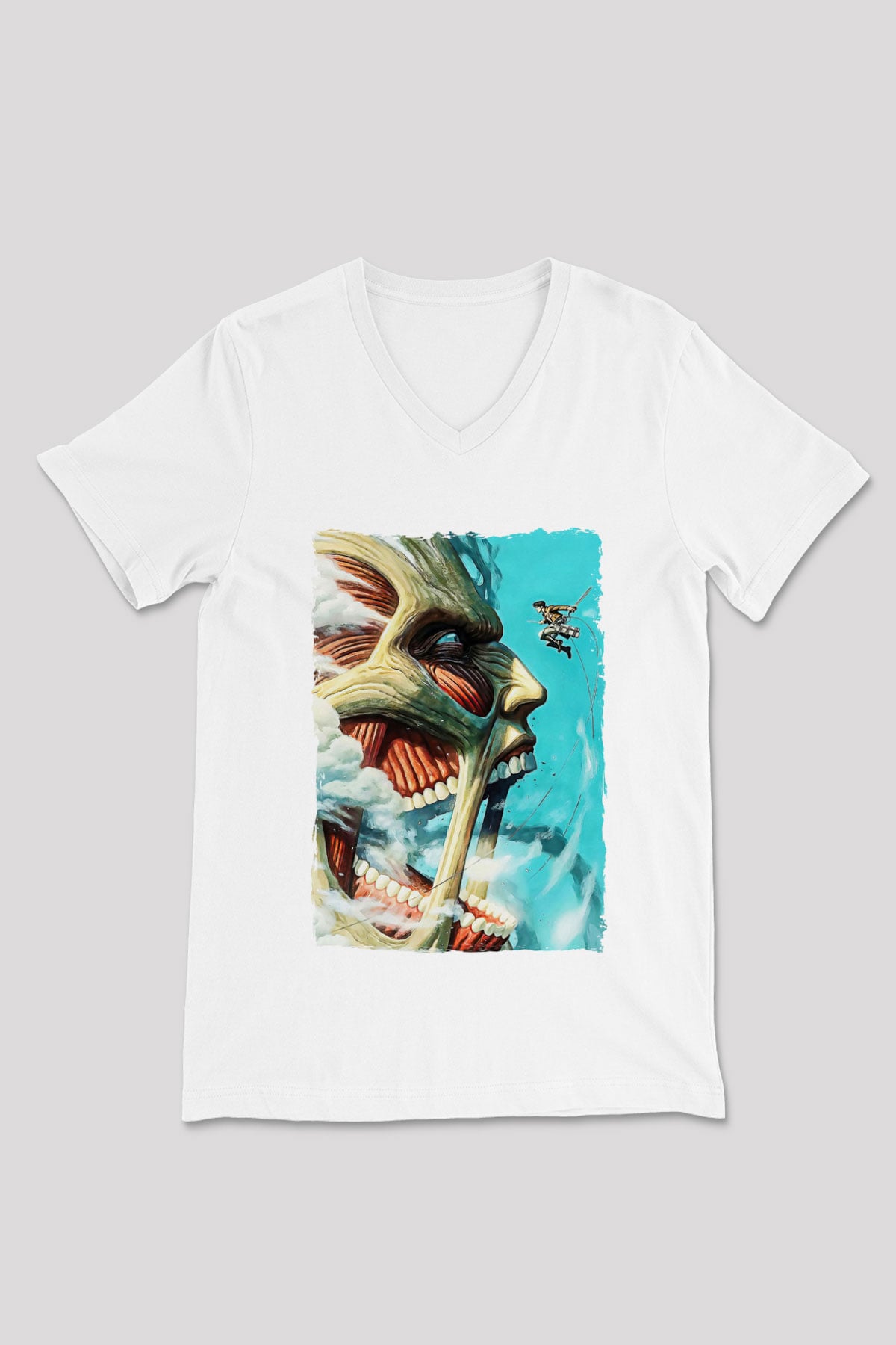 Attack On Titan Baskılı Beyaz Unisex V Yaka Tişört - Tshirt