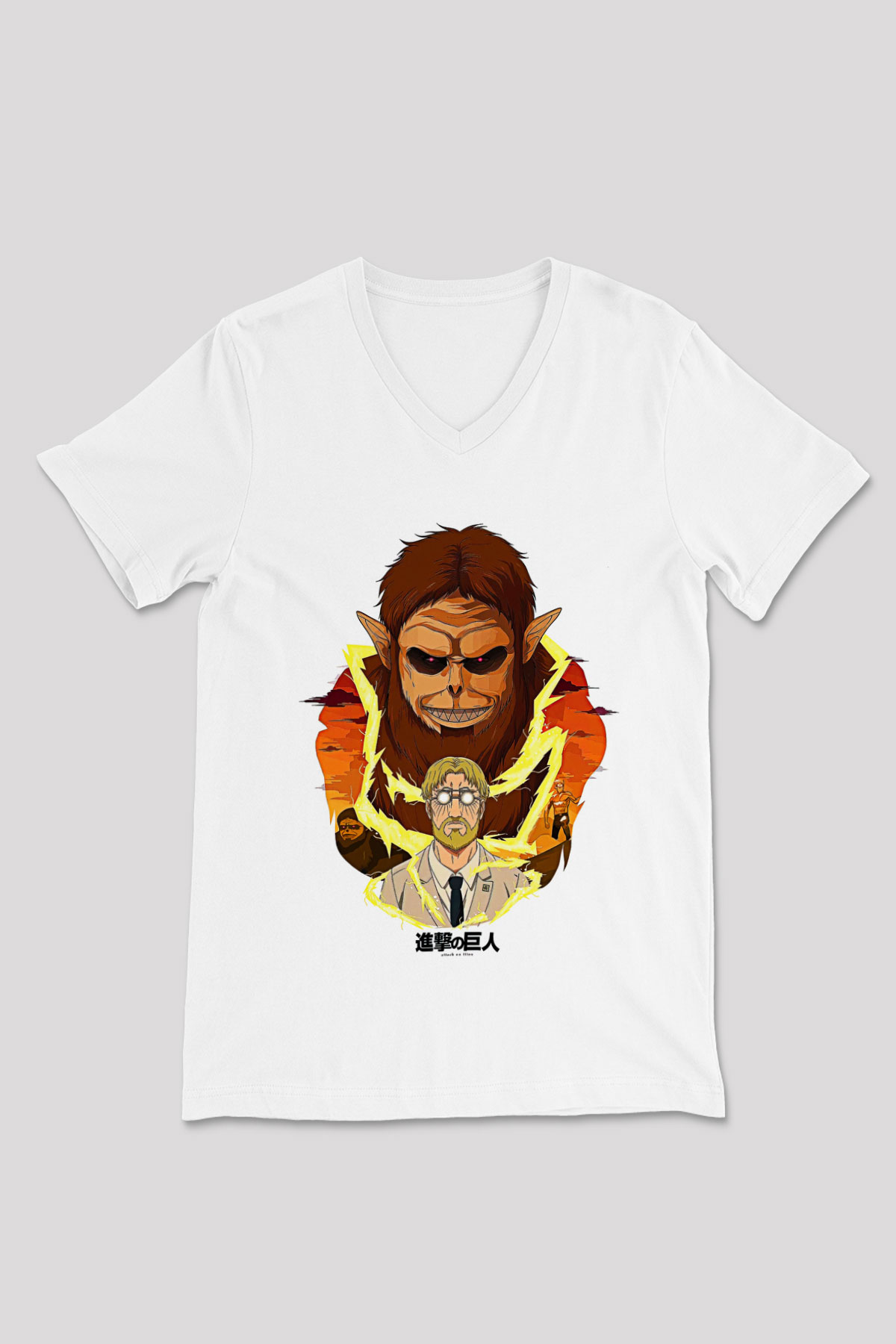 Attack On Titan Baskılı Beyaz Unisex V Yaka Tişört - Tshirt