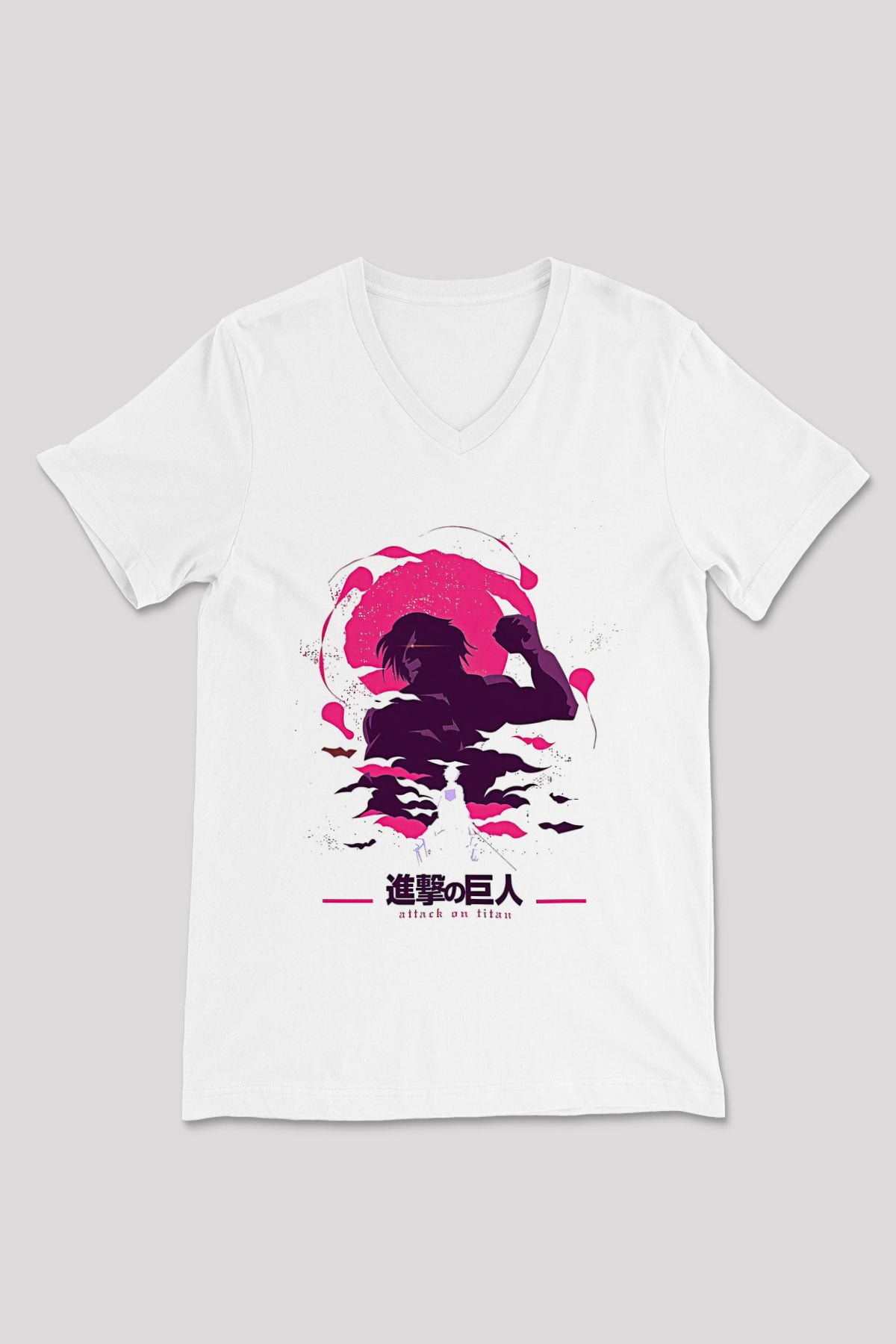Attack On Titan Baskılı Beyaz Unisex V Yaka Tişört - Tshirt