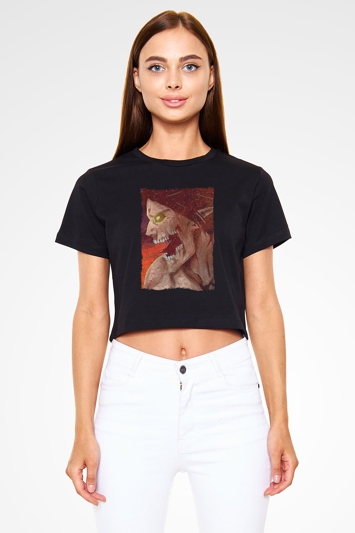 Attack On Titan Baskılı Siyah Crop Top Kadın Tişört - Tshirt