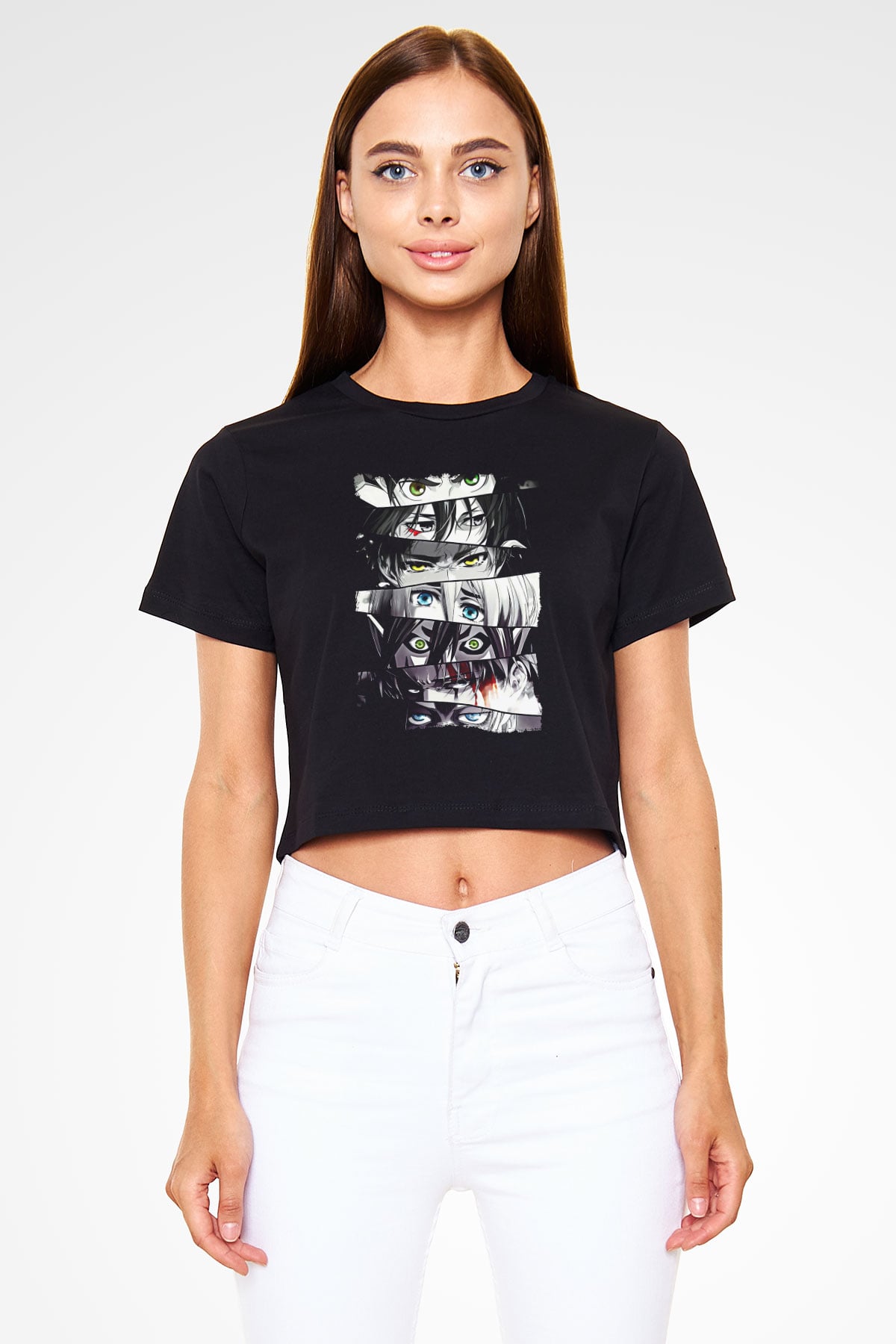 Attack On Titan Baskılı Siyah Crop Top Kadın Tişört - Tshirt
