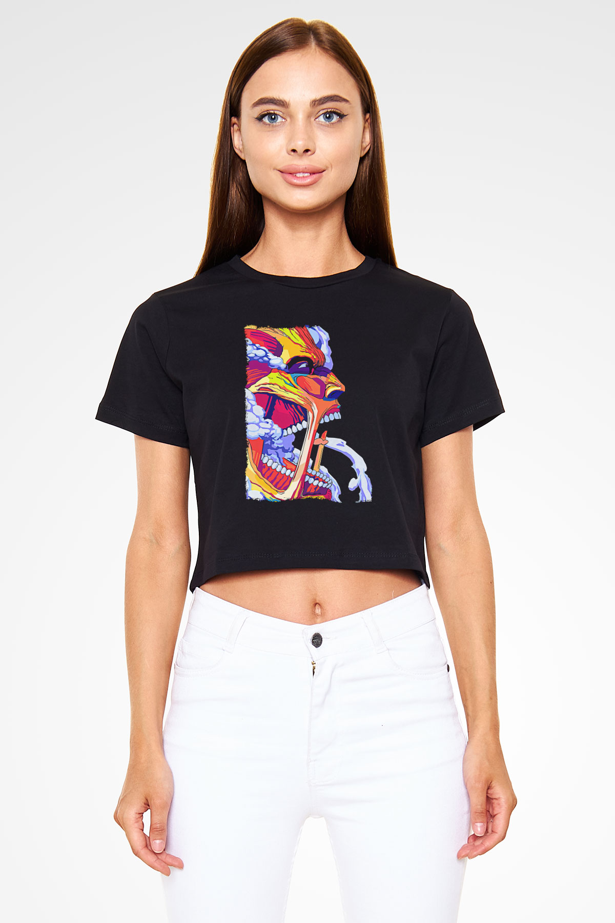 Attack On Titan Baskılı Siyah Crop Top Kadın Tişört - Tshirt