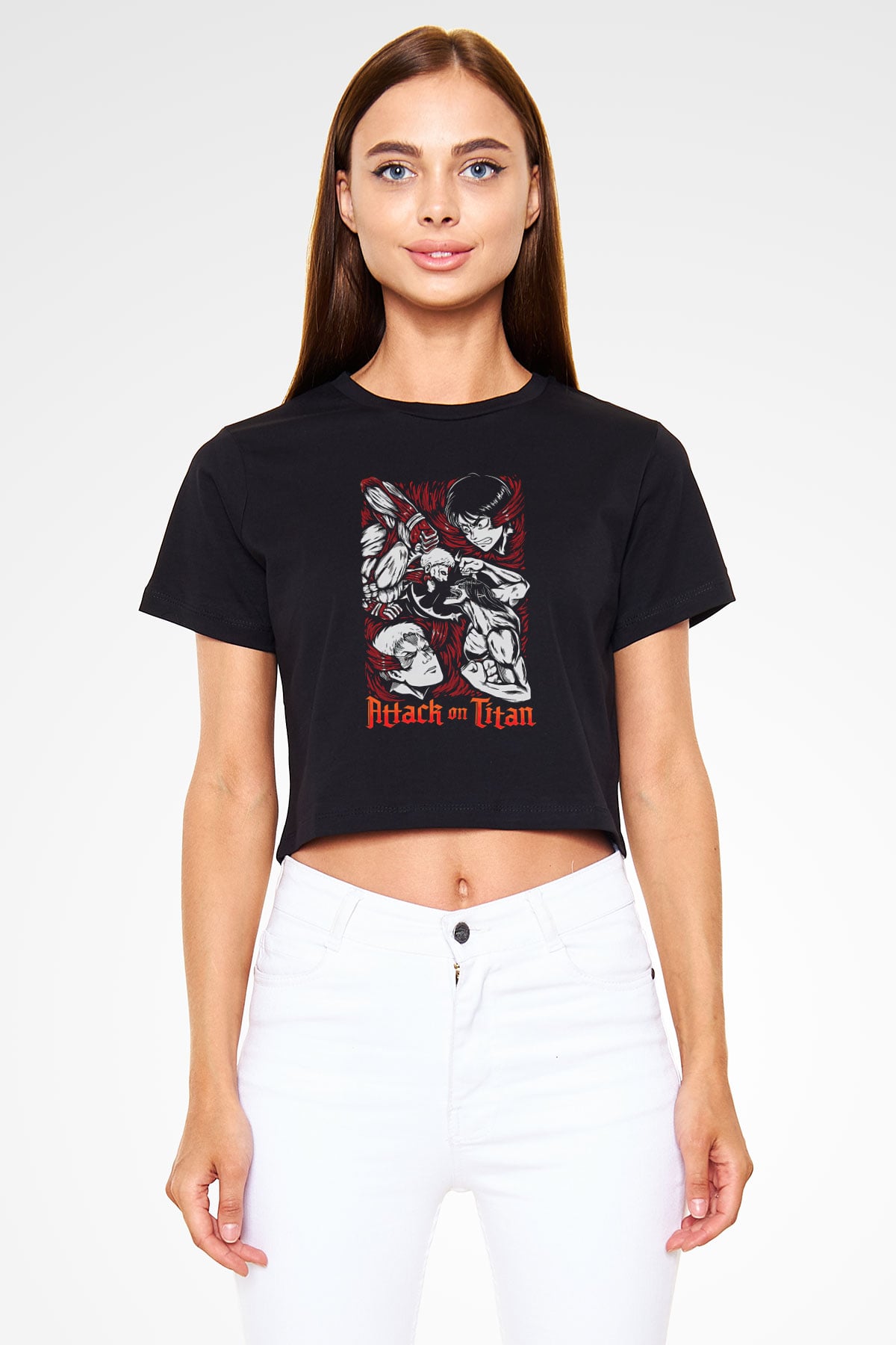 Attack On Titan Baskılı Siyah Crop Top Kadın Tişört - Tshirt