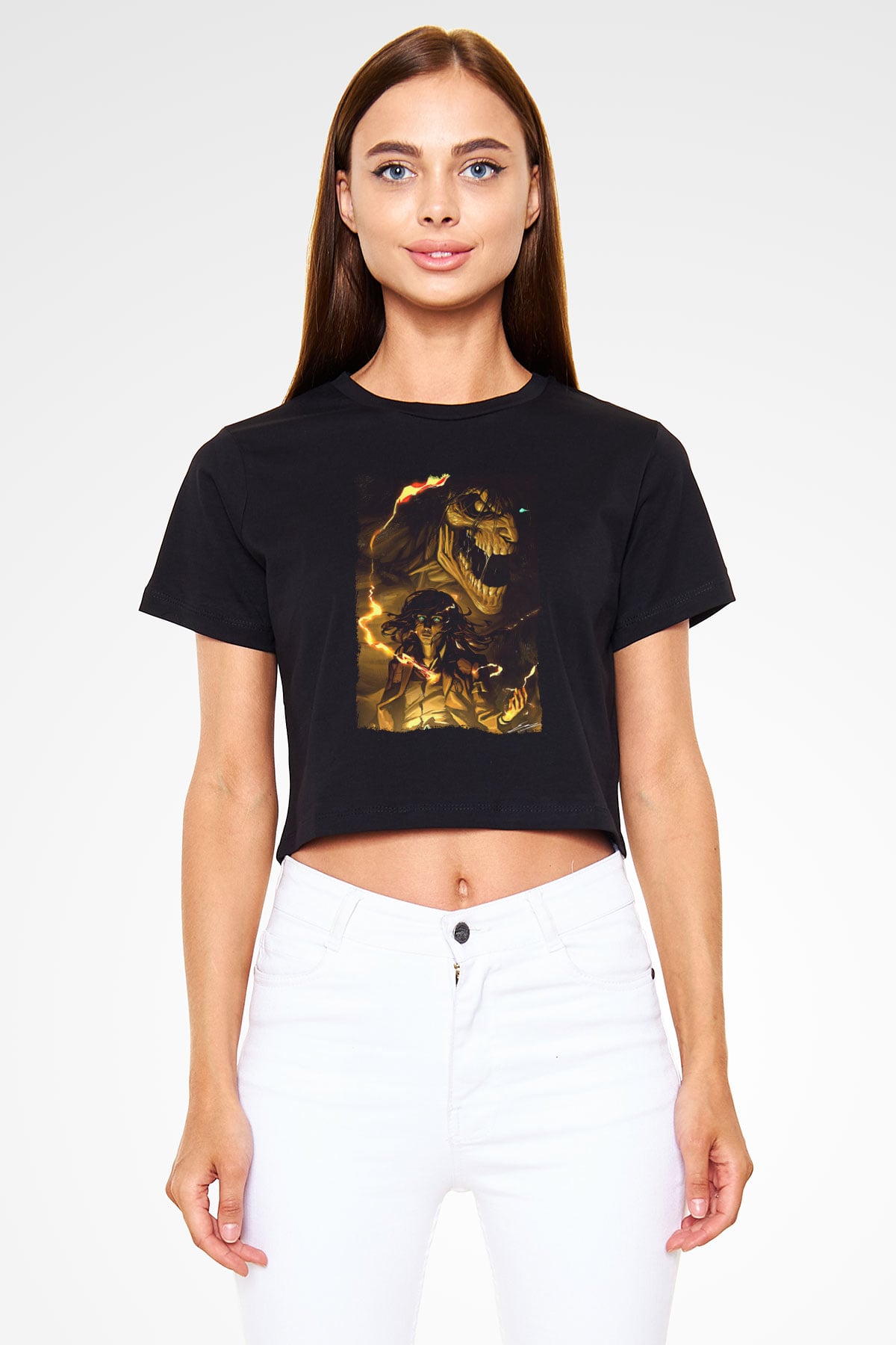 Attack On Titan Baskılı Siyah Crop Top Kadın Tişört - Tshirt