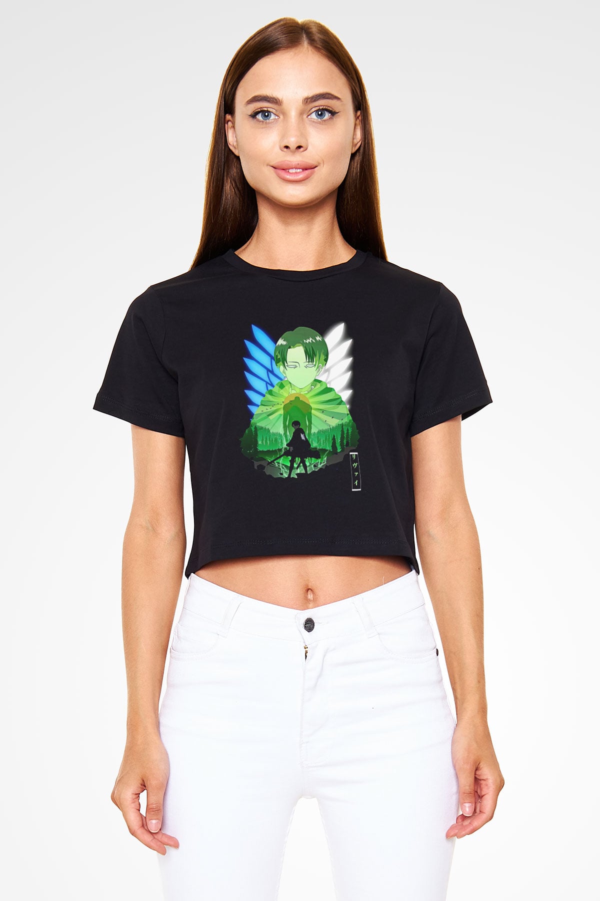 Attack On Titan Baskılı Siyah Crop Top Kadın Tişört - Tshirt