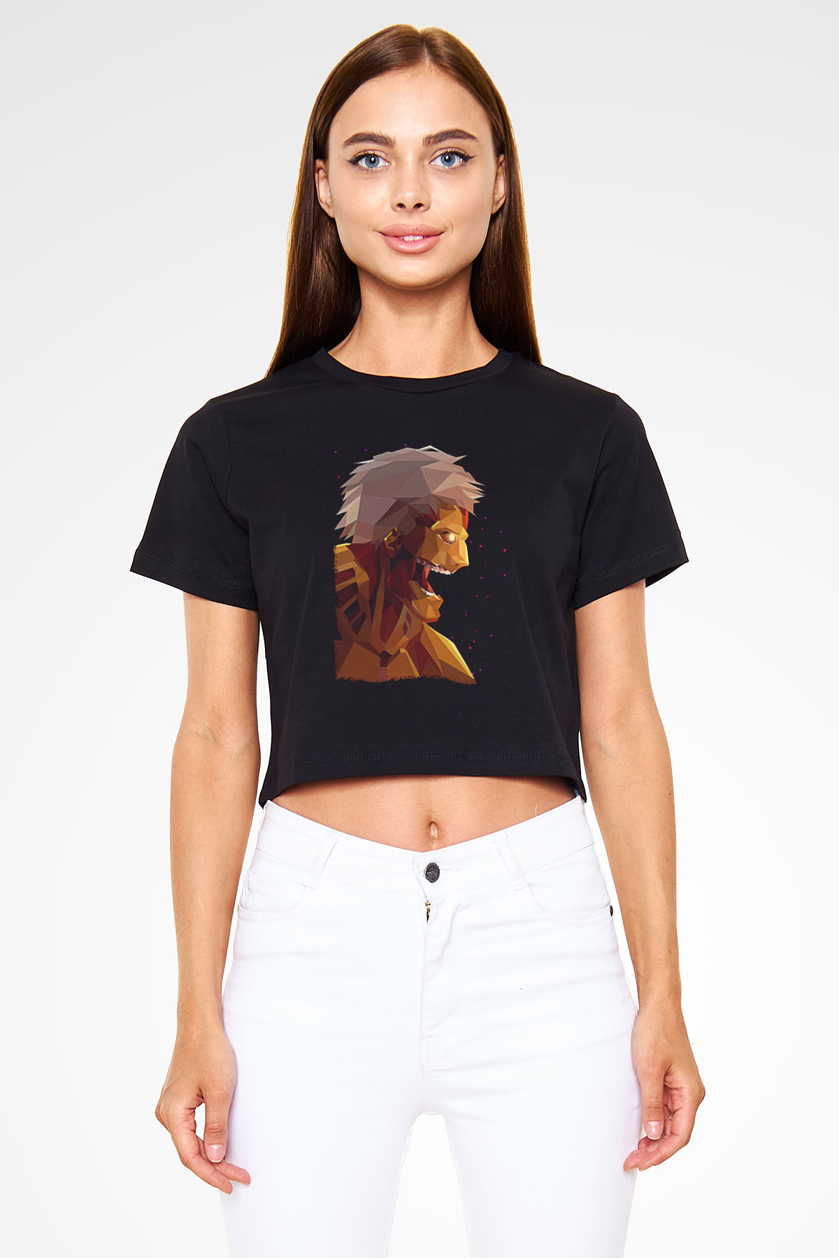 Attack On Titan Baskılı Siyah Crop Top Kadın Tişört - Tshirt