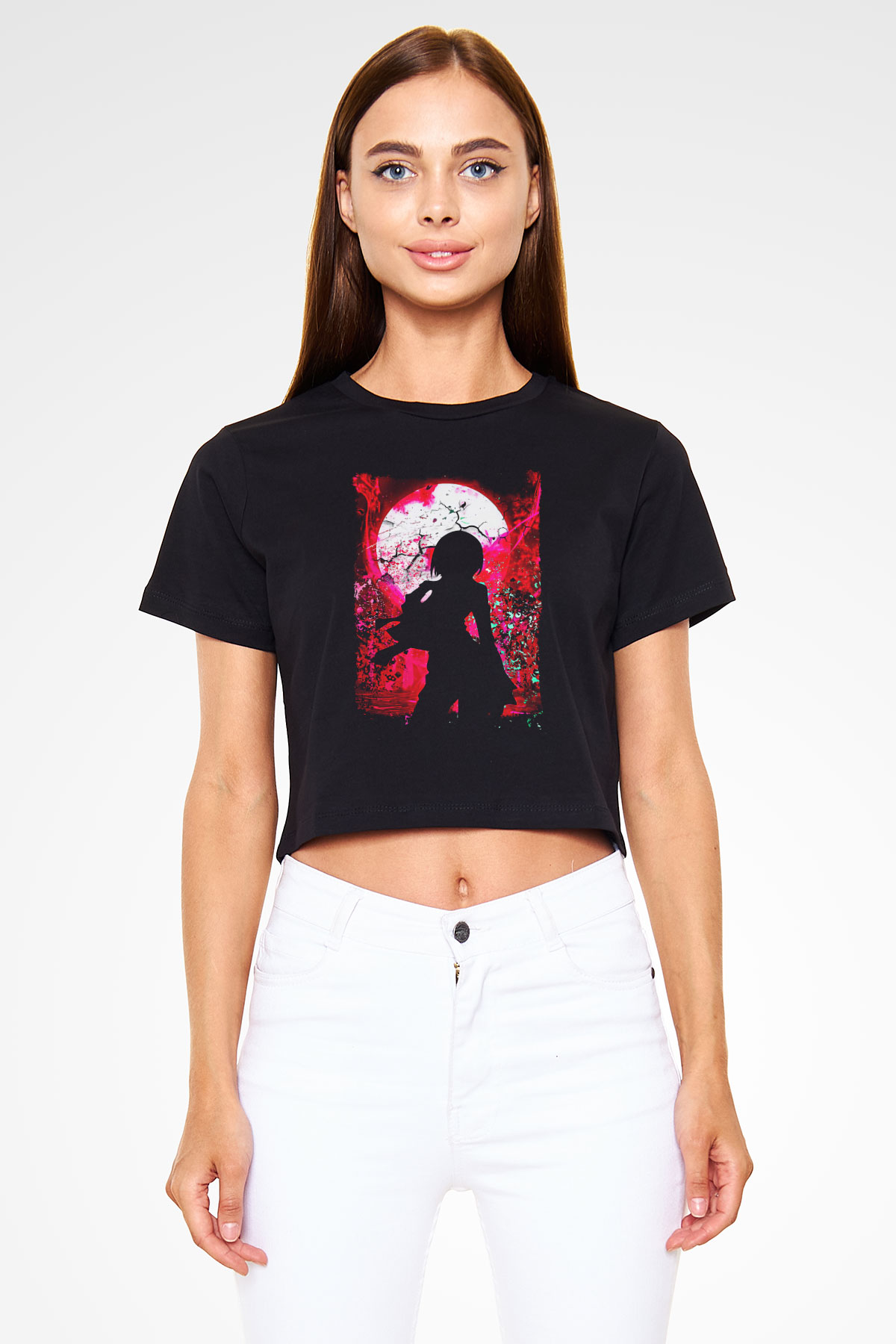 Attack On Titan Baskılı Siyah Crop Top Kadın Tişört - Tshirt