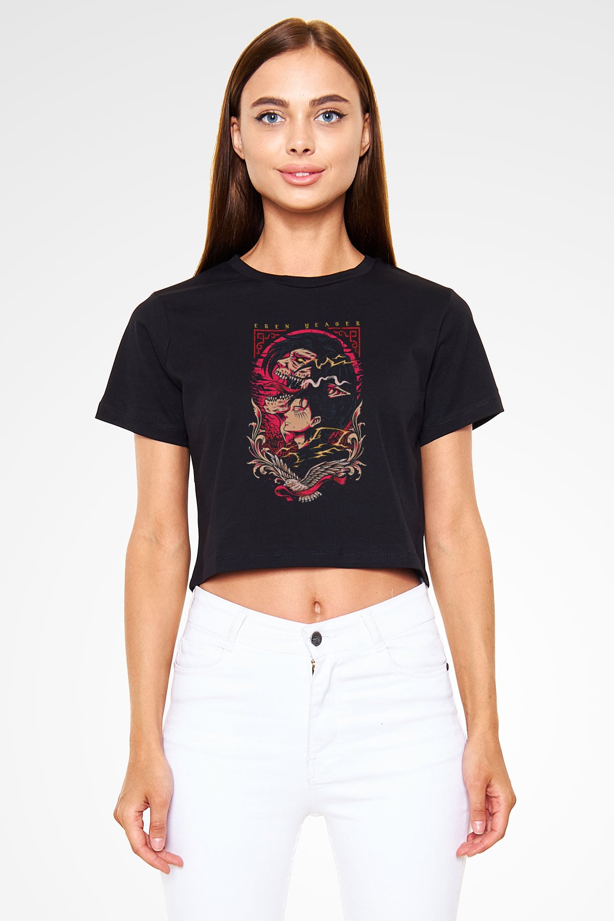 Attack On Titan Baskılı Siyah Crop Top Kadın Tişört - Tshirt