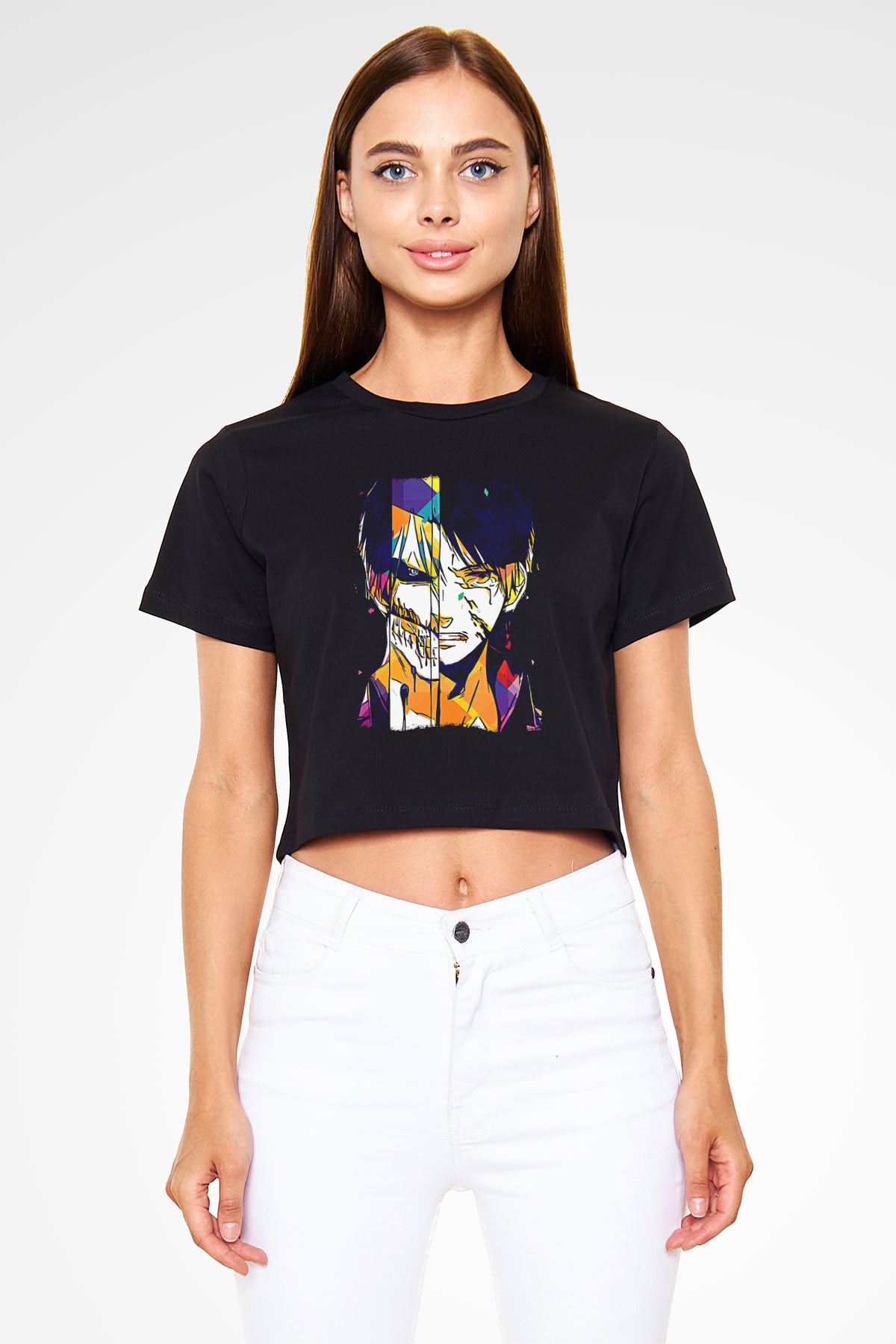 Attack On Titan Baskılı Siyah Crop Top Kadın Tişört - Tshirt