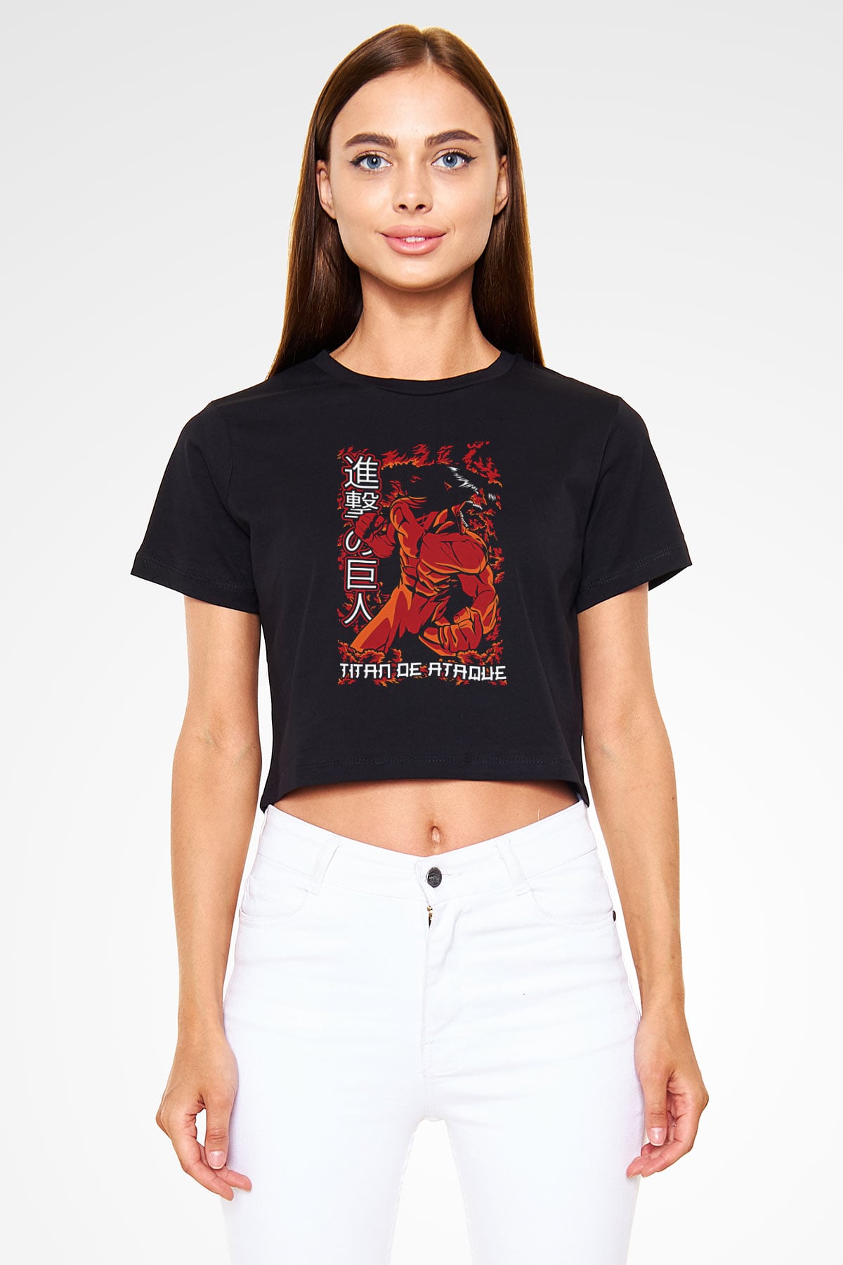 Attack On Titan Baskılı Siyah Crop Top Kadın Tişört - Tshirt