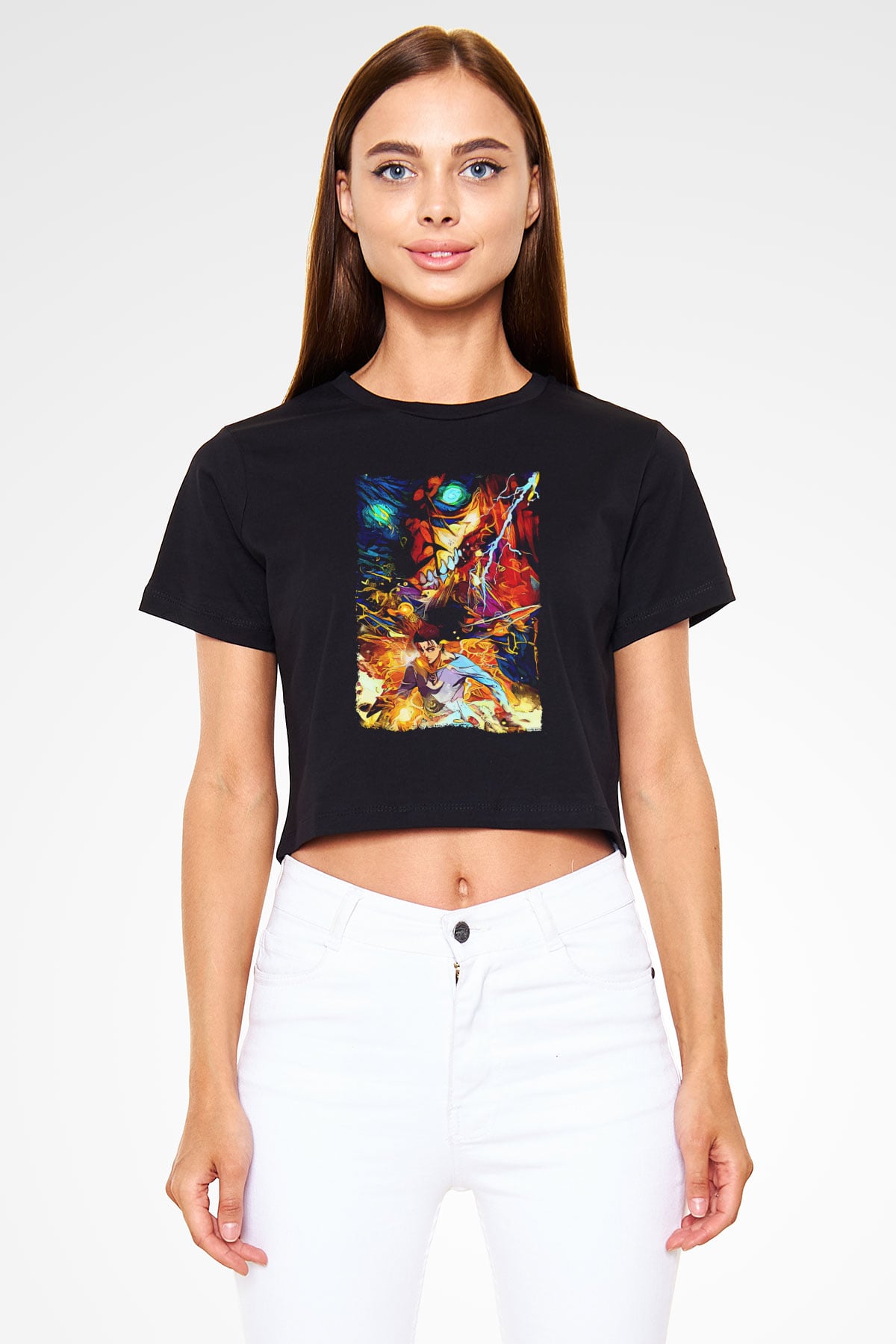 Attack On Titan Baskılı Siyah Crop Top Kadın Tişört - Tshirt