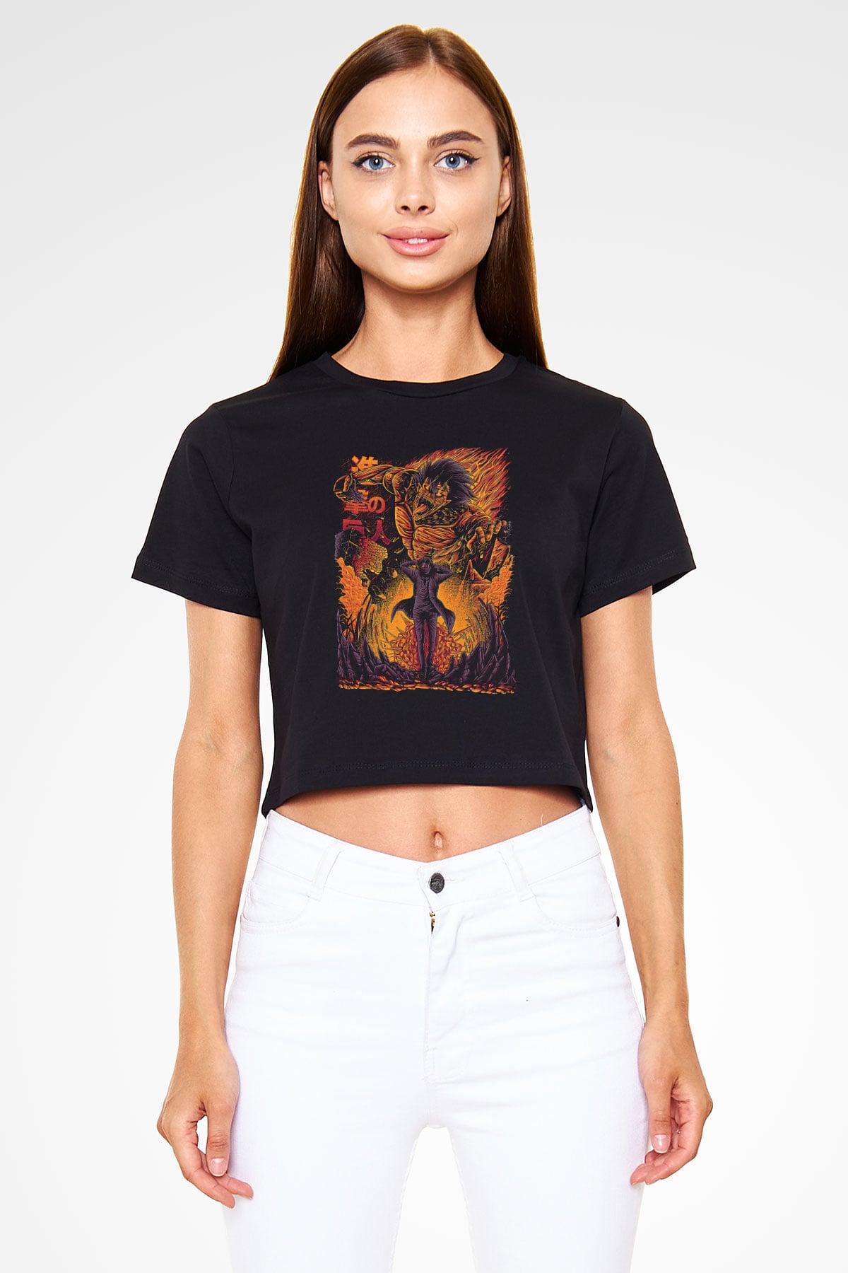 Attack On Titan Baskılı Siyah Crop Top Kadın Tişört - Tshirt