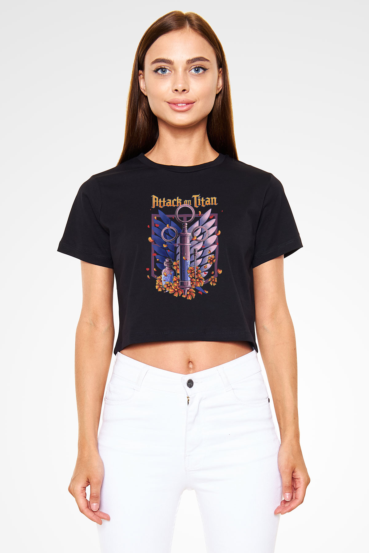 Attack On Titan Baskılı Siyah Crop Top Kadın Tişört - Tshirt