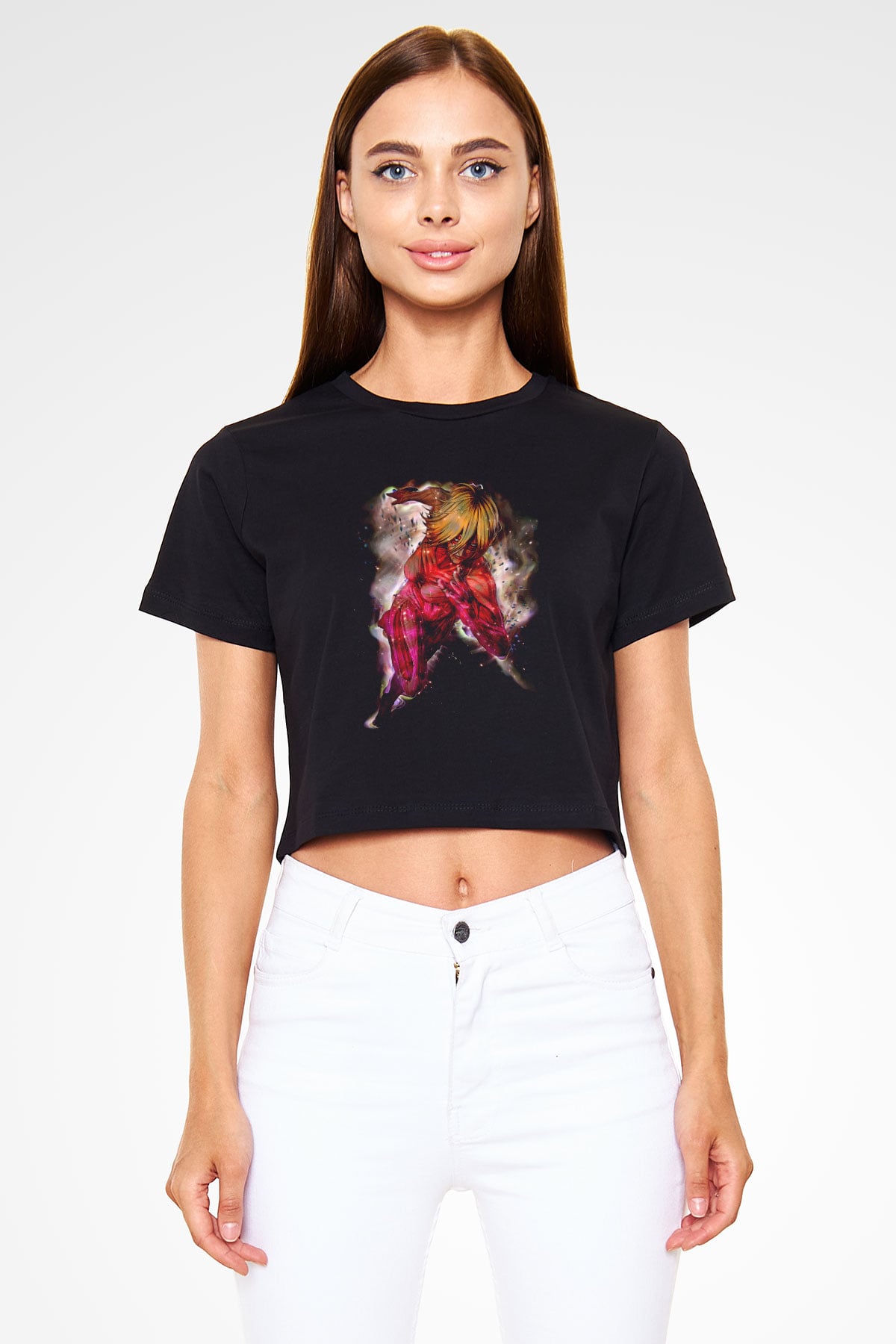 Attack On Titan Baskılı Siyah Crop Top Kadın Tişört - Tshirt