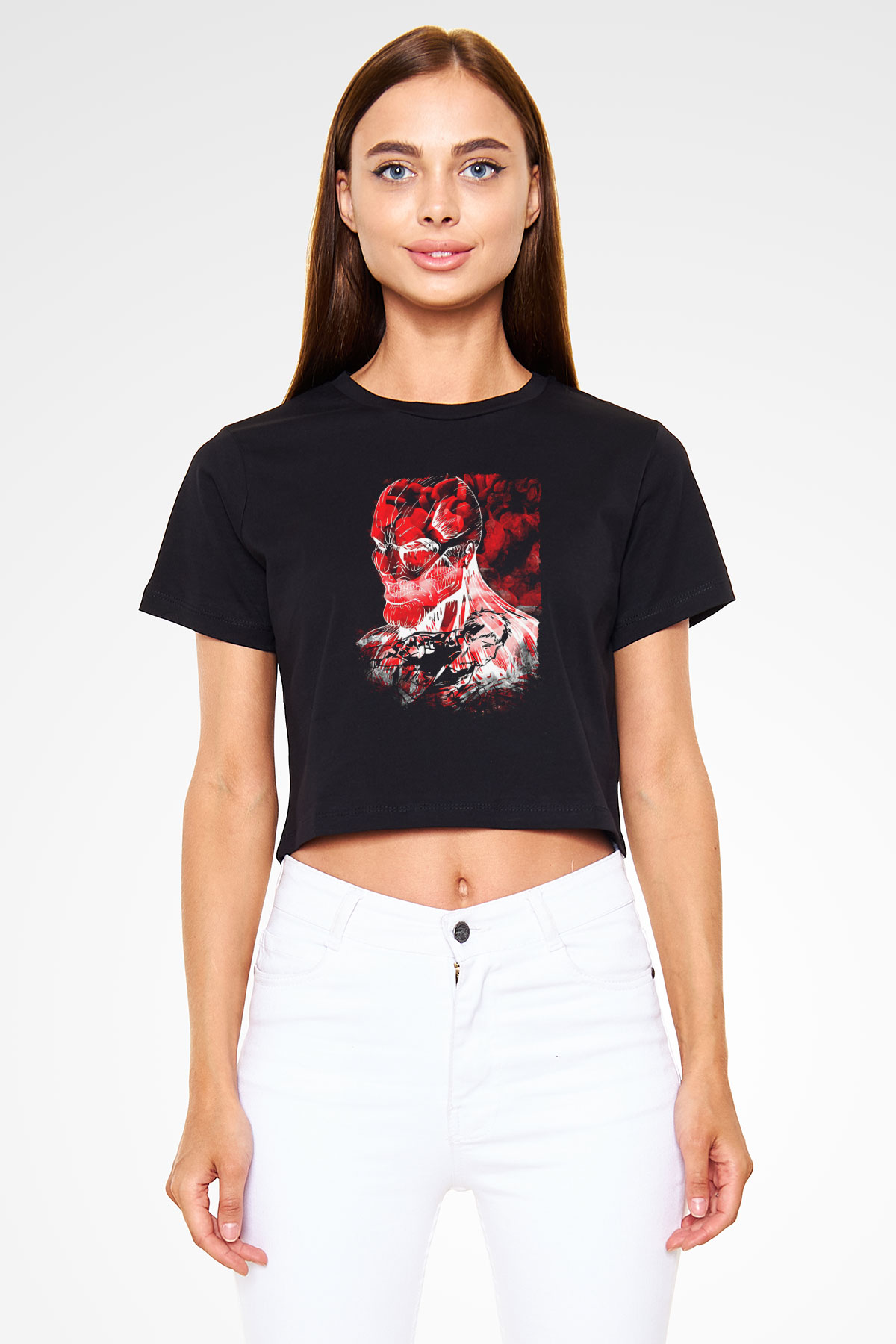 Attack On Titan Baskılı Siyah Crop Top Kadın Tişört - Tshirt