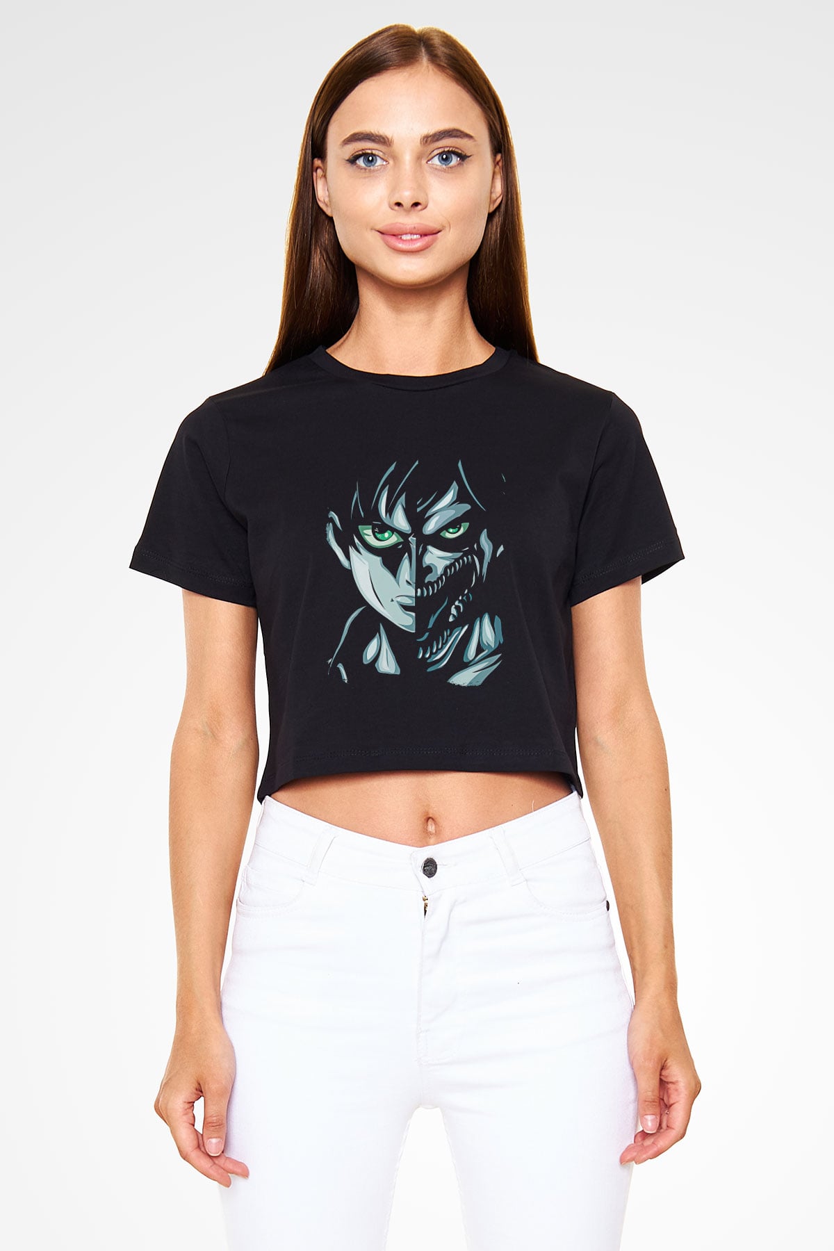 Attack On Titan Baskılı Siyah Crop Top Kadın Tişört - Tshirt