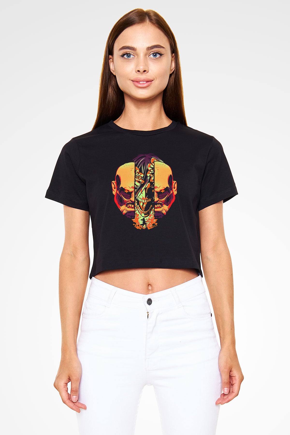 Attack On Titan Baskılı Siyah Crop Top Kadın Tişört - Tshirt