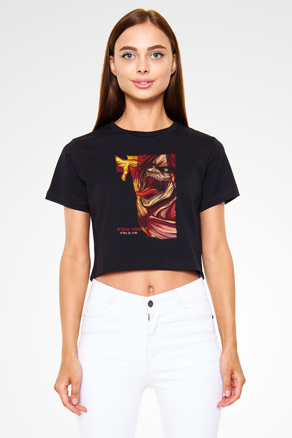 Attack On Titan Baskılı Siyah Crop Top Kadın Tişört - Tshirt
