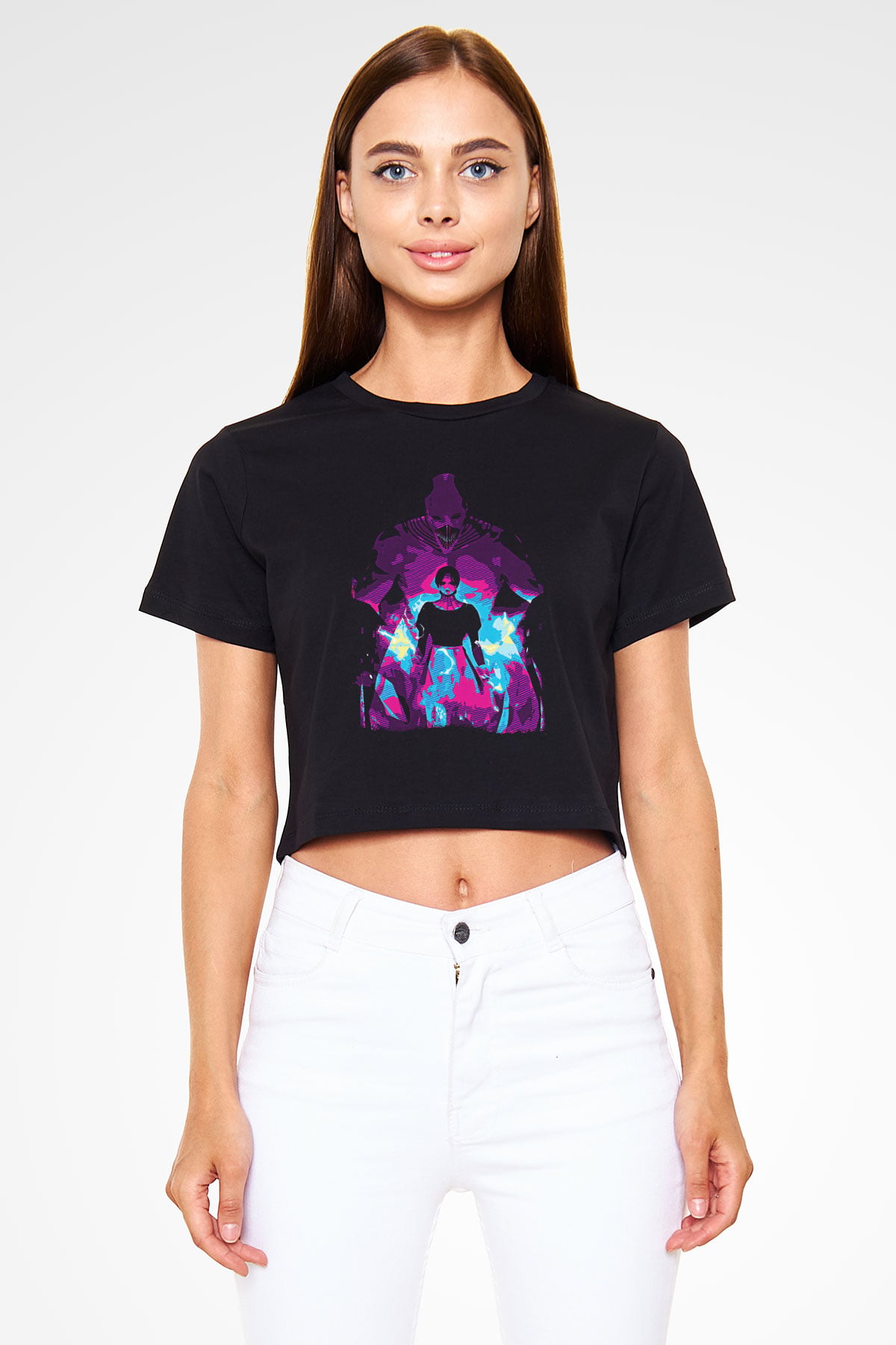 Attack On Titan Baskılı Siyah Crop Top Kadın Tişört - Tshirt