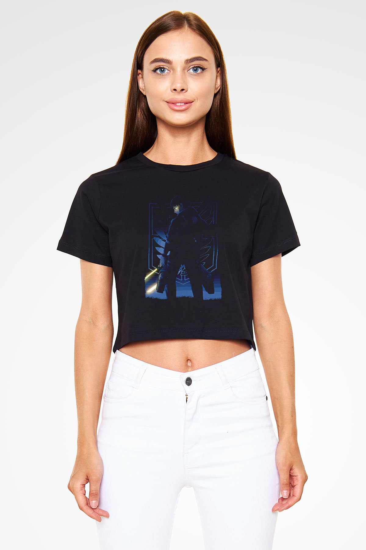 Attack On Titan Baskılı Siyah Crop Top Kadın Tişört - Tshirt