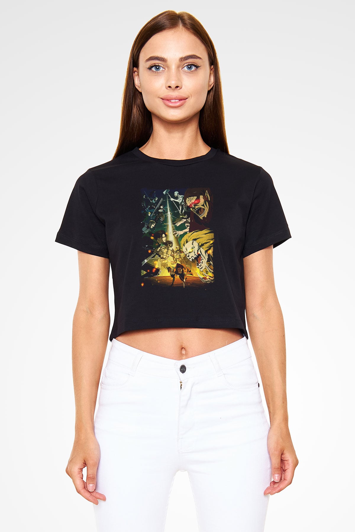 Attack On Titan Baskılı Siyah Crop Top Kadın Tişört - Tshirt