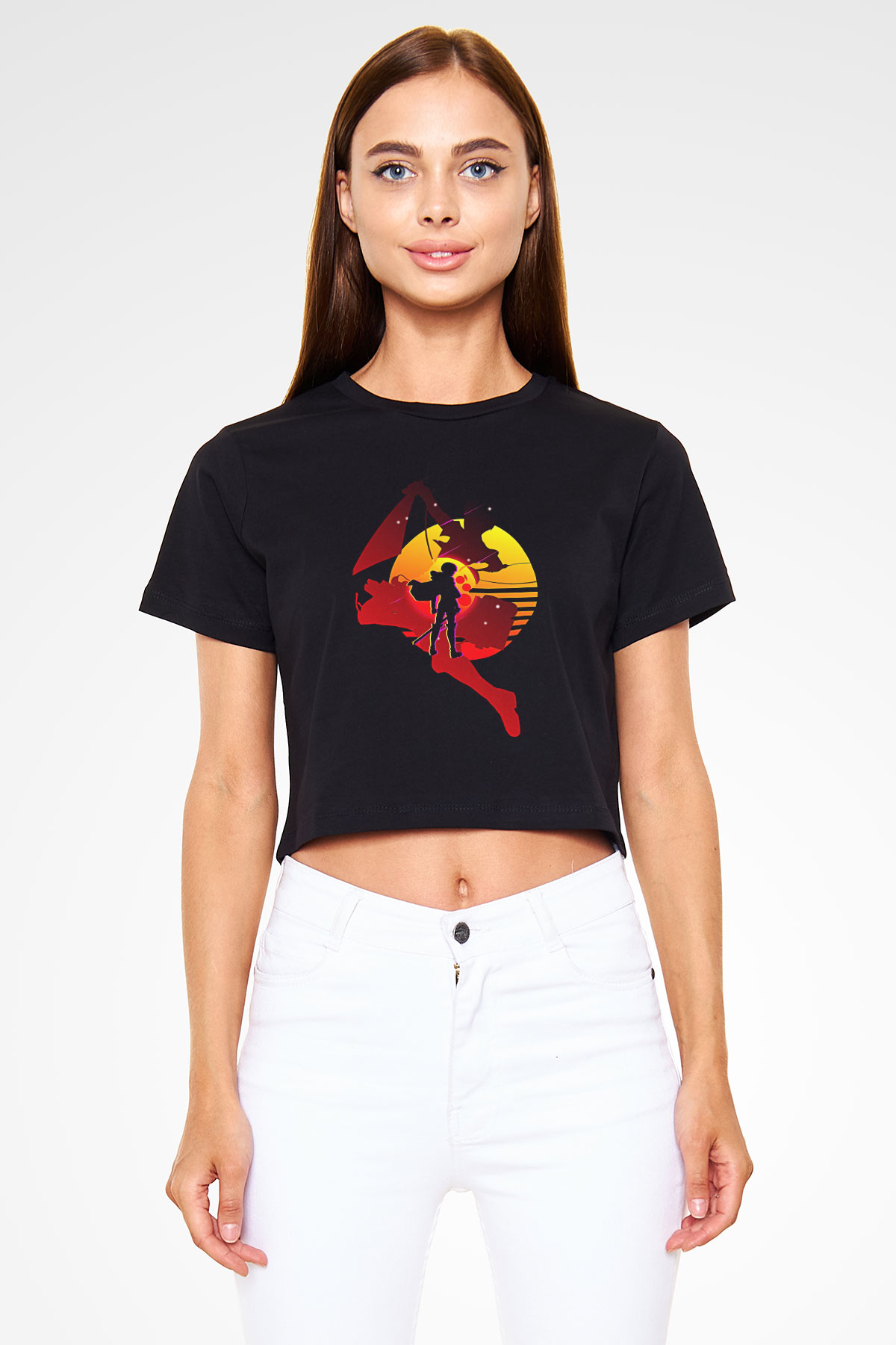 Attack On Titan Baskılı Siyah Crop Top Kadın Tişört - Tshirt