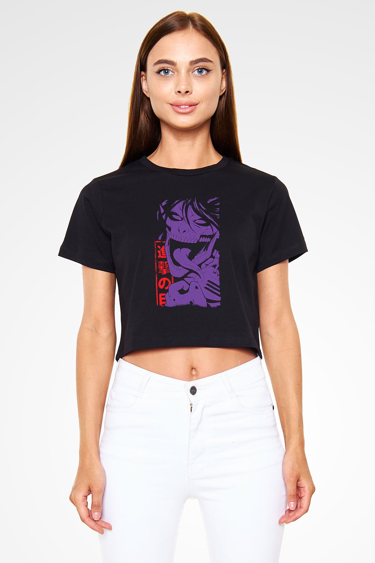 Attack On Titan Baskılı Siyah Crop Top Kadın Tişört - Tshirt