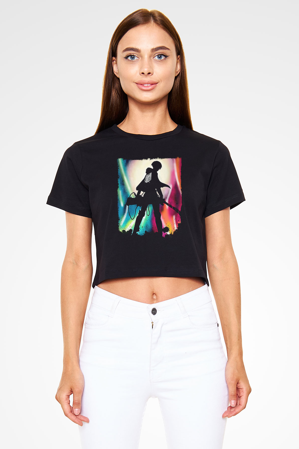 Attack On Titan Baskılı Siyah Crop Top Kadın Tişört - Tshirt