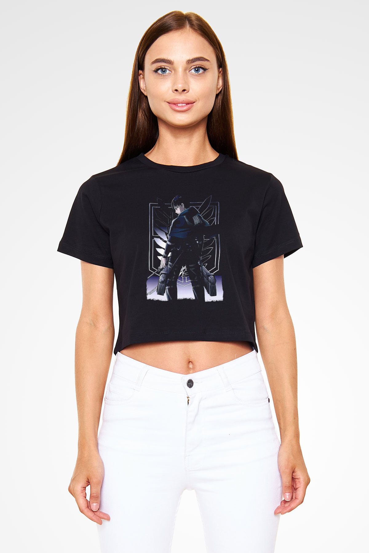 Attack On Titan Baskılı Siyah Crop Top Kadın Tişört - Tshirt