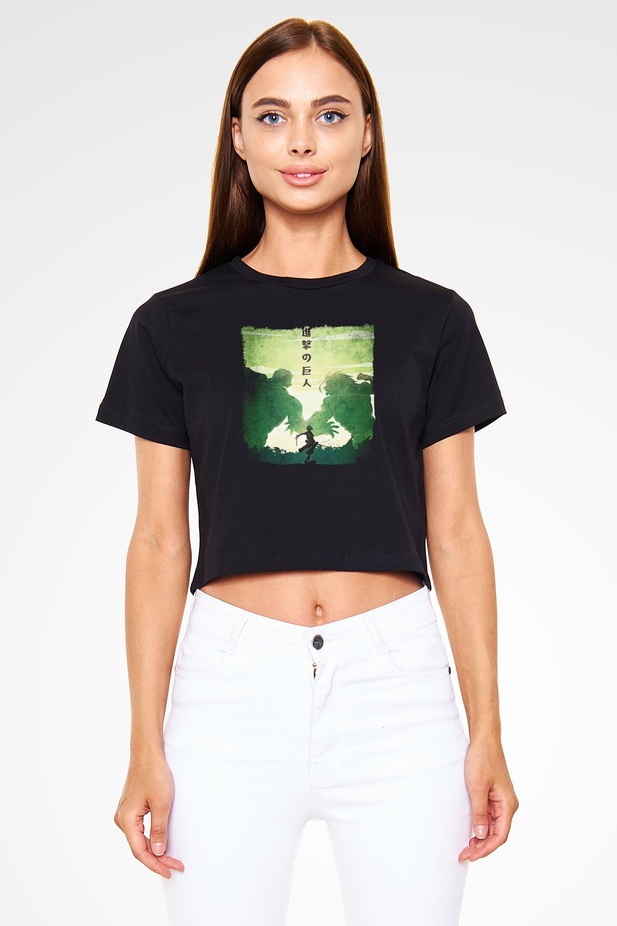 Attack On Titan Baskılı Siyah Crop Top Kadın Tişört - Tshirt