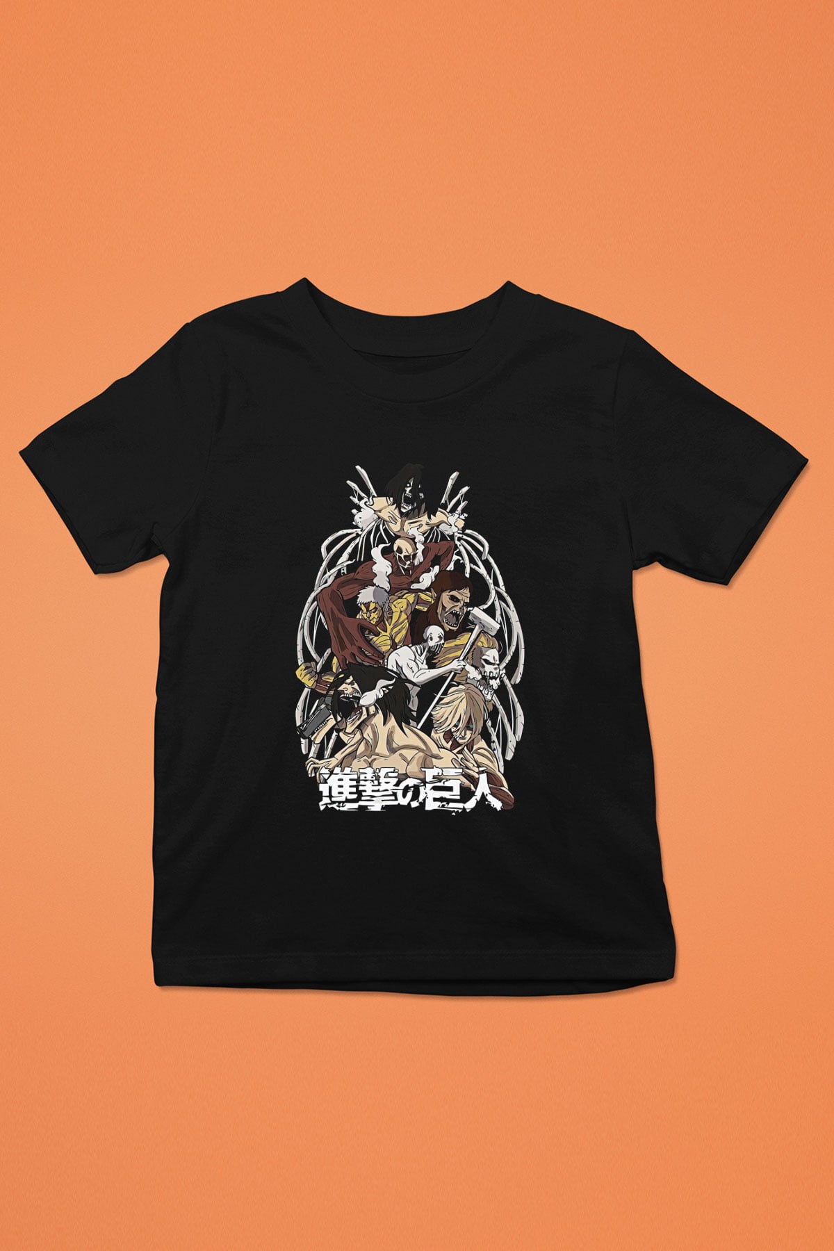 Attack On Titan Baskılı Unisex Siyah Çocuk Tişört - Tshirt