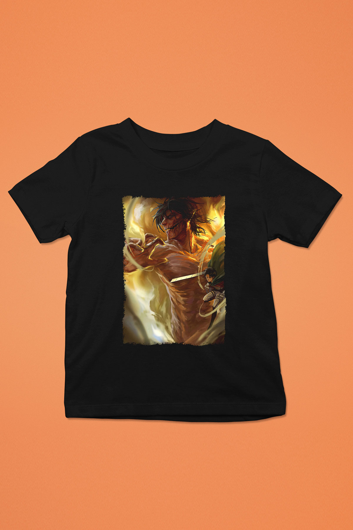 Attack On Titan Baskılı Unisex Siyah Çocuk Tişört - Tshirt