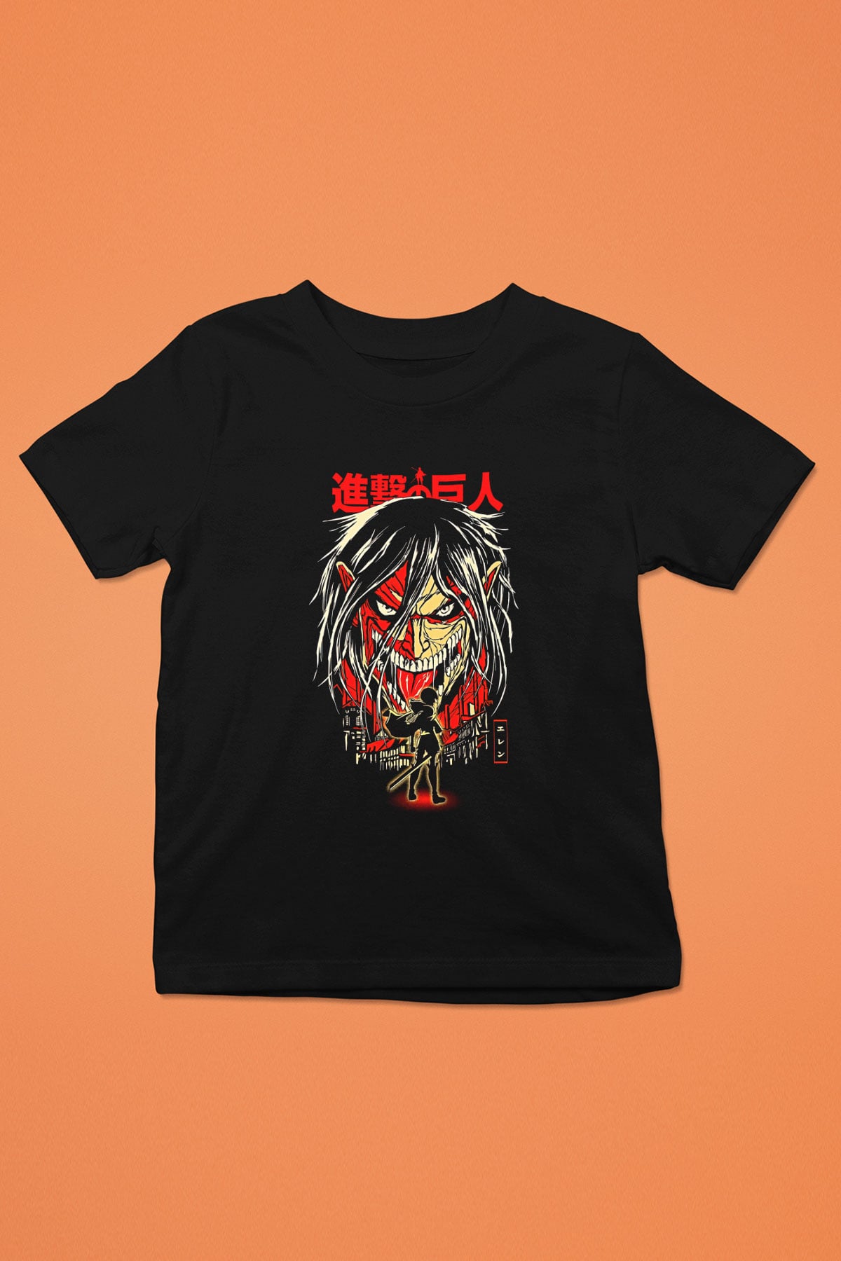 Attack On Titan Baskılı Unisex Siyah Çocuk Tişört - Tshirt