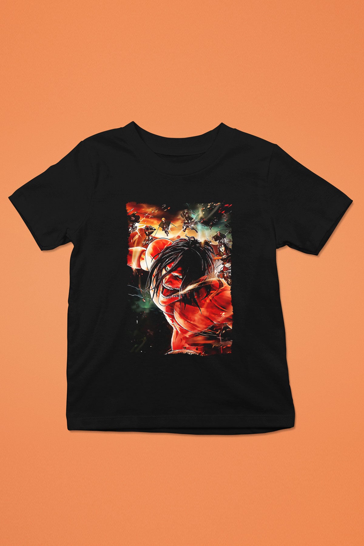 Attack On Titan Baskılı Unisex Siyah Çocuk Tişört - Tshirt