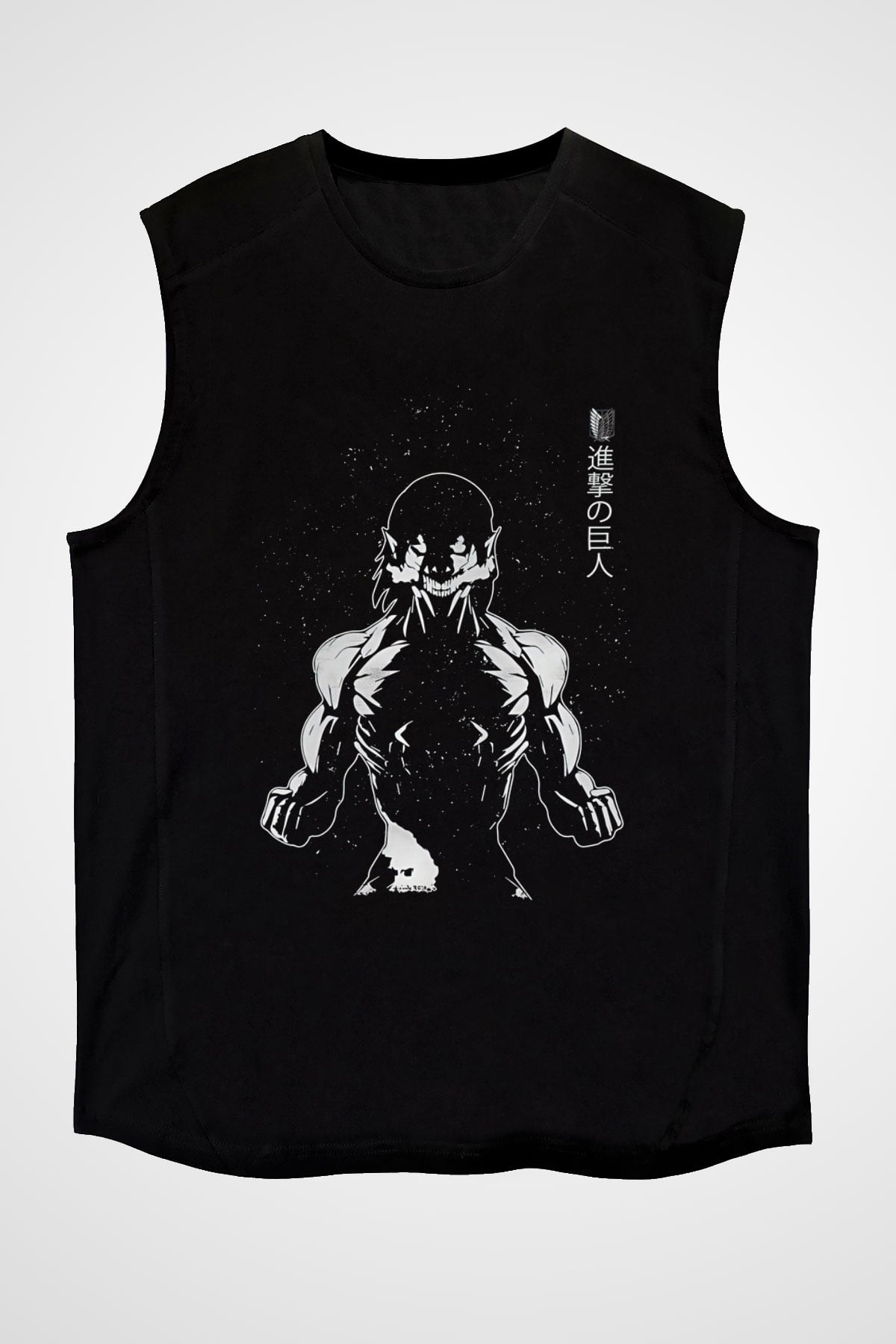 Attack On Titan Baskılı Unisex Siyah Kolsuz Tişört - Tshirt