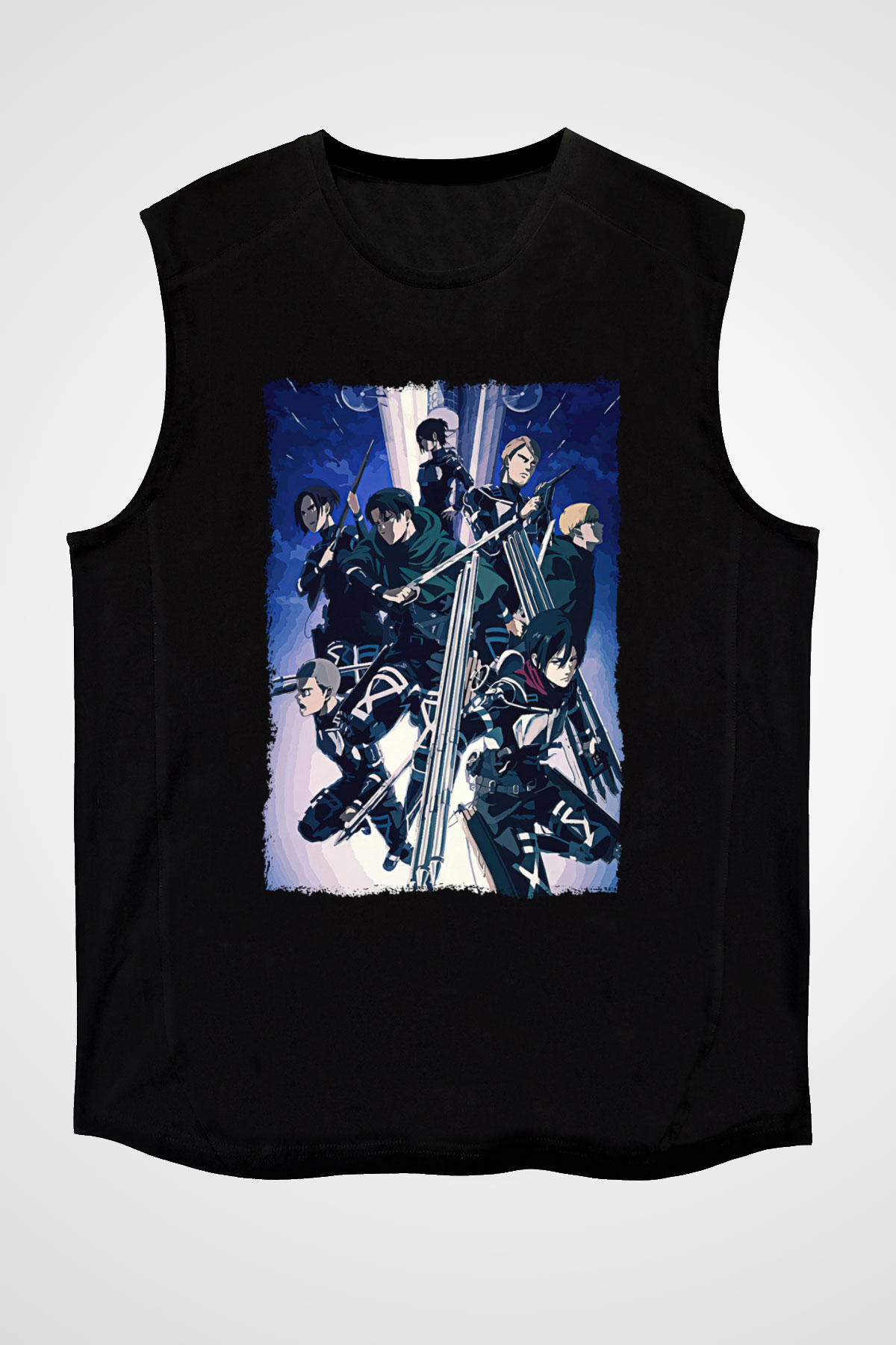 Attack On Titan Baskılı Unisex Siyah Kolsuz Tişört - Tshirt