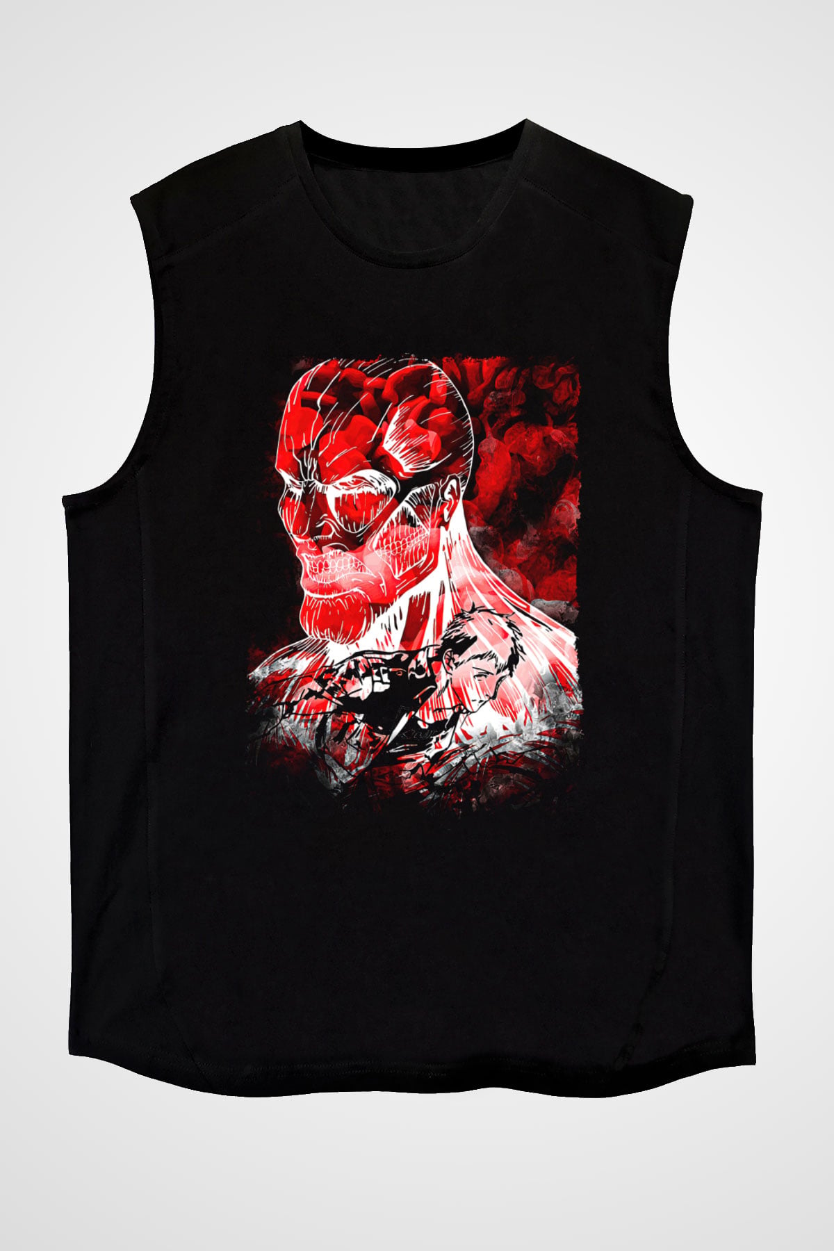 Attack On Titan Baskılı Unisex Siyah Kolsuz Tişört - Tshirt