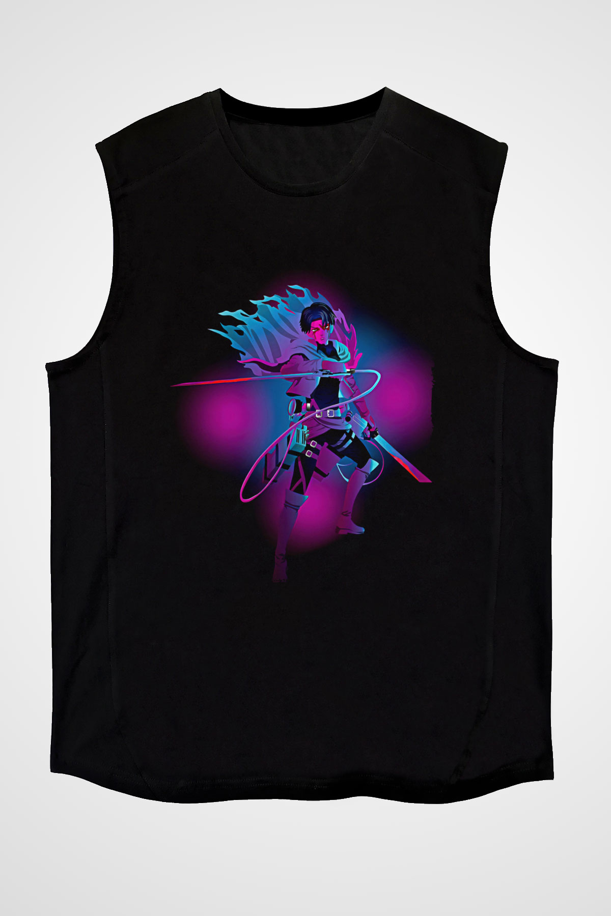 Attack On Titan Baskılı Unisex Siyah Kolsuz Tişört - Tshirt
