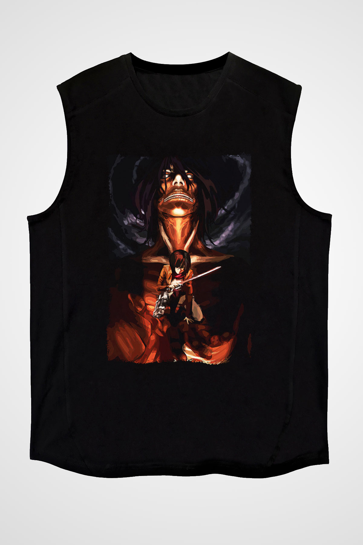 Attack On Titan Baskılı Unisex Siyah Kolsuz Tişört - Tshirt