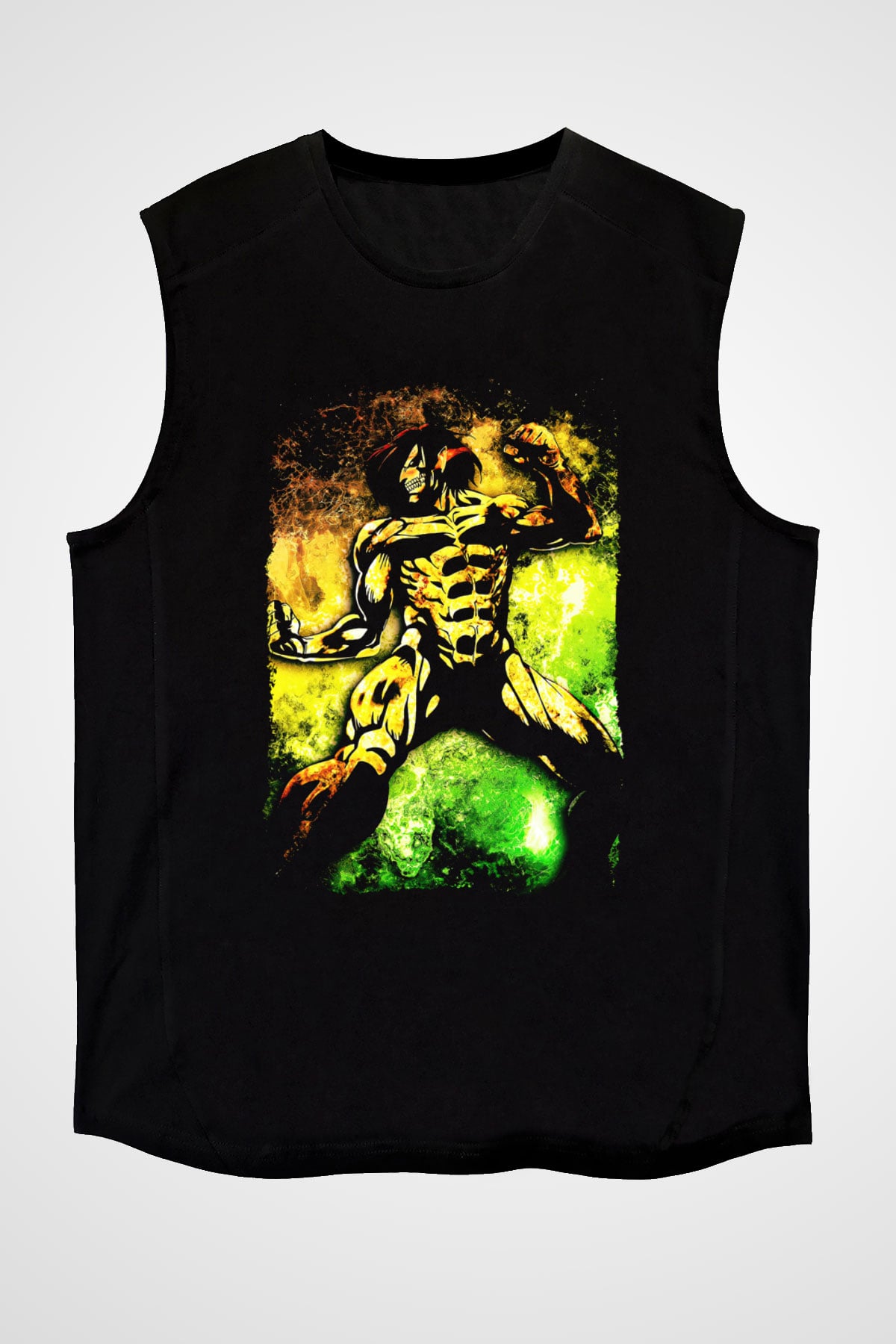Attack On Titan Baskılı Unisex Siyah Kolsuz Tişört - Tshirt