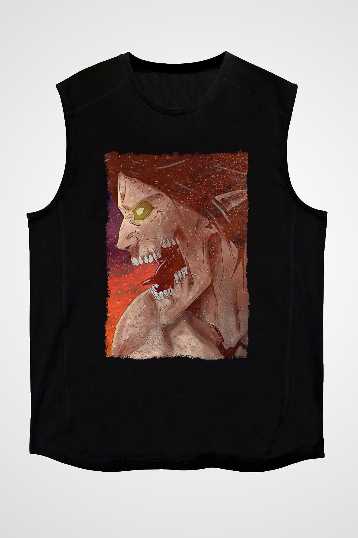 Attack On Titan Baskılı Unisex Siyah Kolsuz Tişört - Tshirt