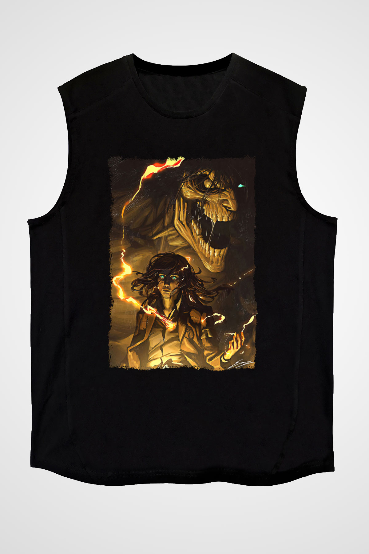 Attack On Titan Baskılı Unisex Siyah Kolsuz Tişört - Tshirt