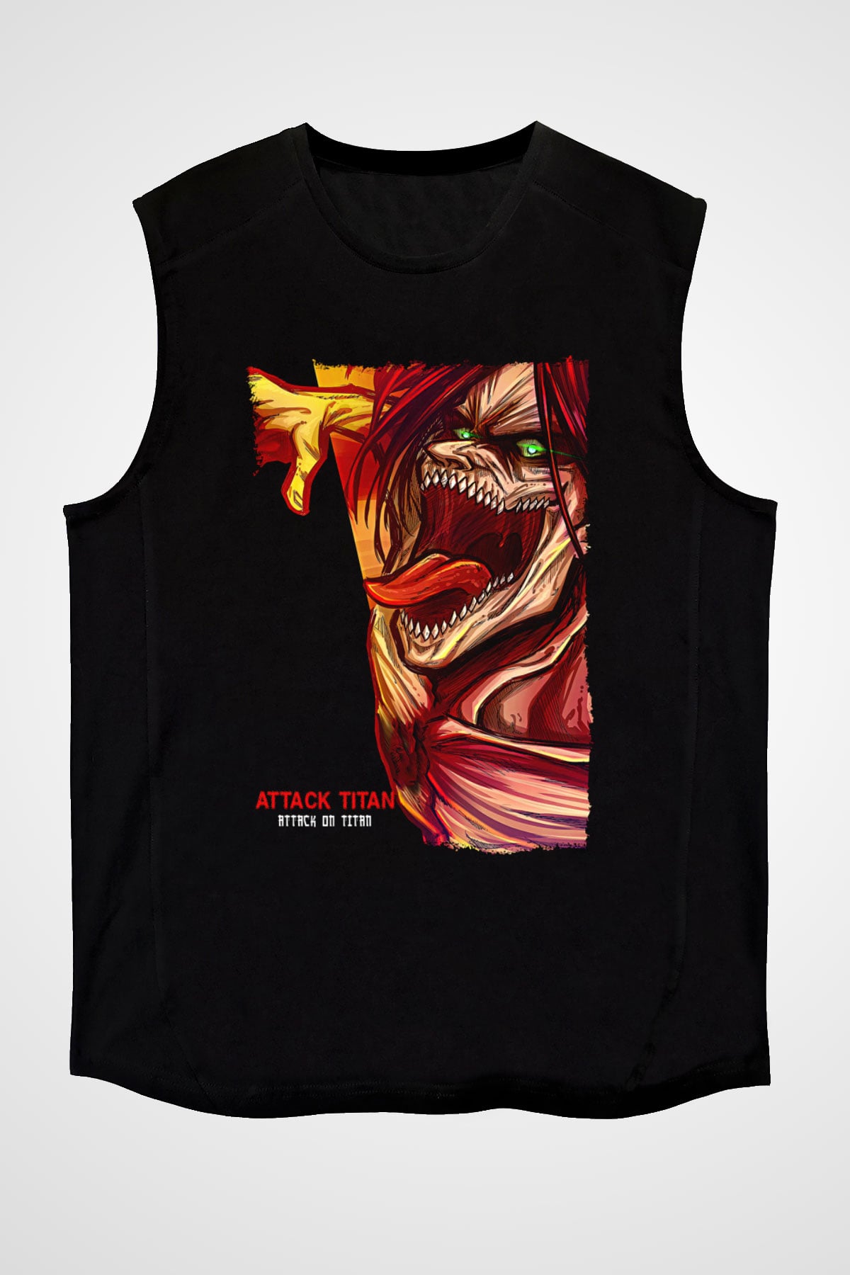Attack On Titan Baskılı Unisex Siyah Kolsuz Tişört - Tshirt