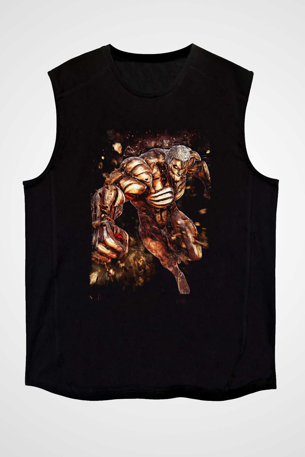 Attack On Titan Baskılı Unisex Siyah Kolsuz Tişört - Tshirt