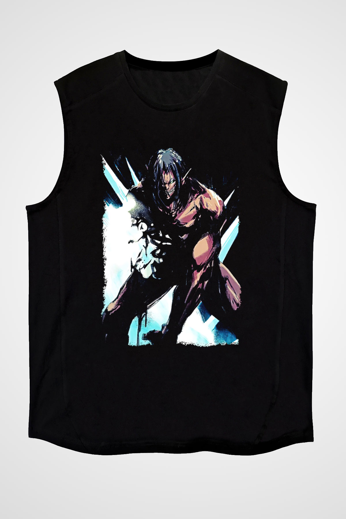 Attack On Titan Baskılı Unisex Siyah Kolsuz Tişört - Tshirt