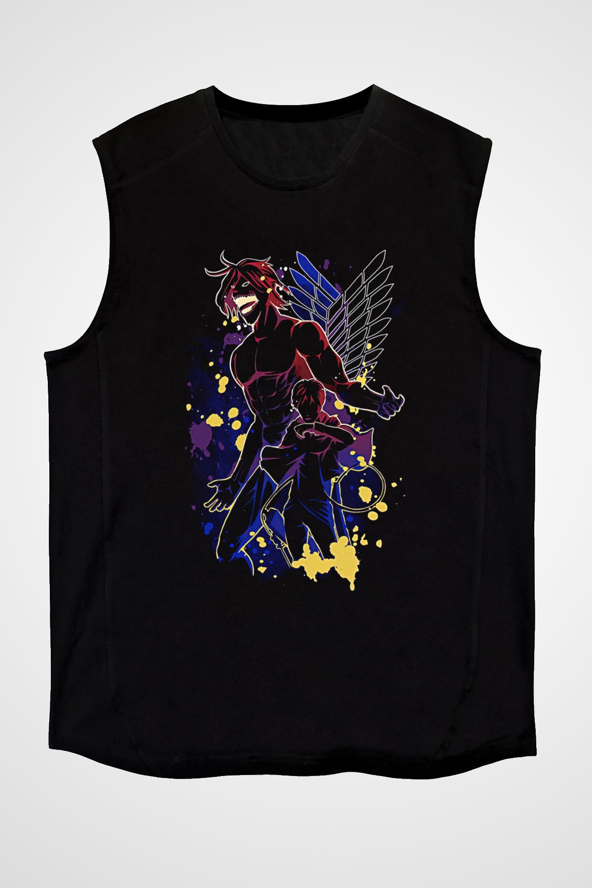 Attack On Titan Baskılı Unisex Siyah Kolsuz Tişört - Tshirt