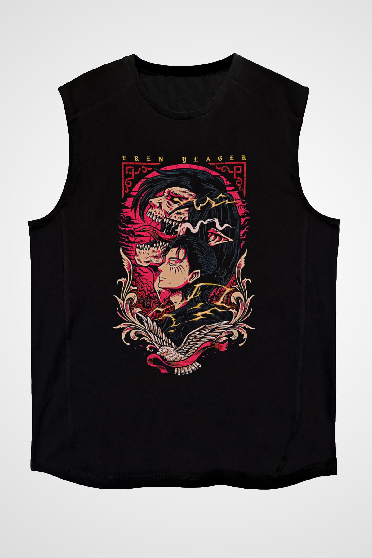 Attack On Titan Baskılı Unisex Siyah Kolsuz Tişört - Tshirt