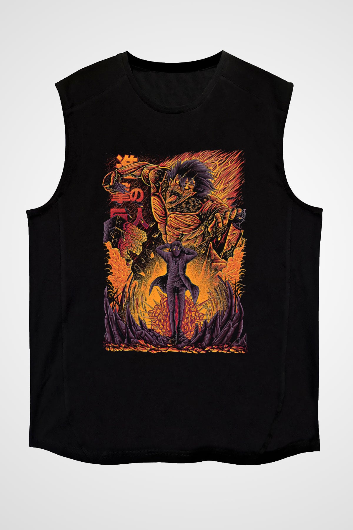 Attack On Titan Baskılı Unisex Siyah Kolsuz Tişört - Tshirt