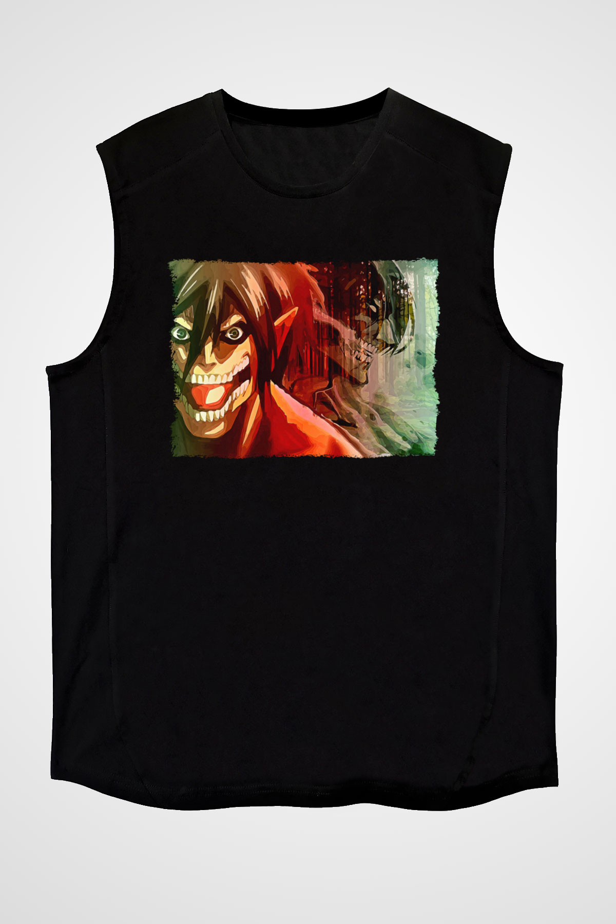 Attack On Titan Baskılı Unisex Siyah Kolsuz Tişört - Tshirt